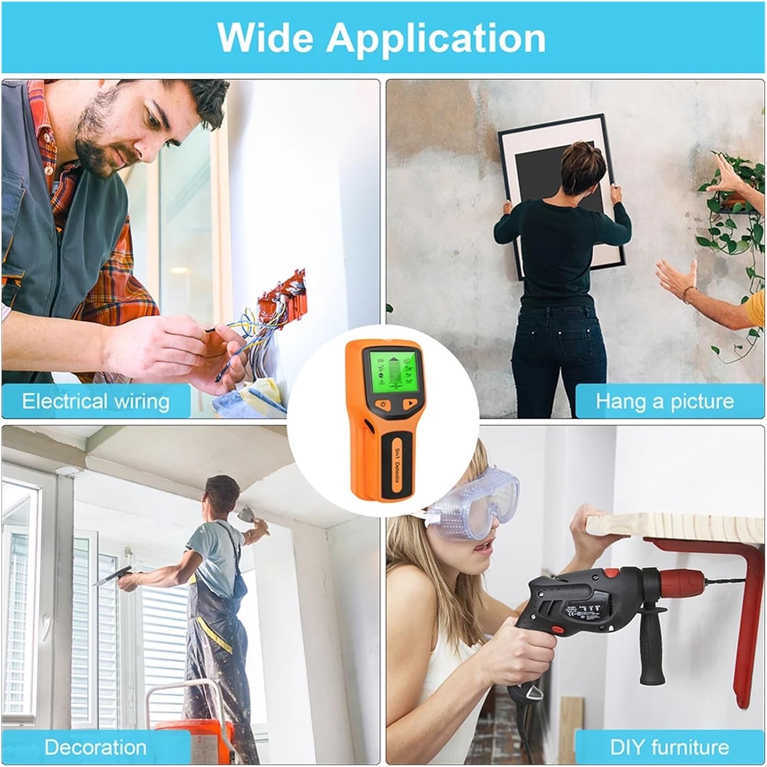 stud finder, Stud Finder Wall Scanner 5in1 Wall Stud Detector Display Multifunctional Handheld for Wire Cable Metal Detector Electric Wall Finder Scanner, Orange