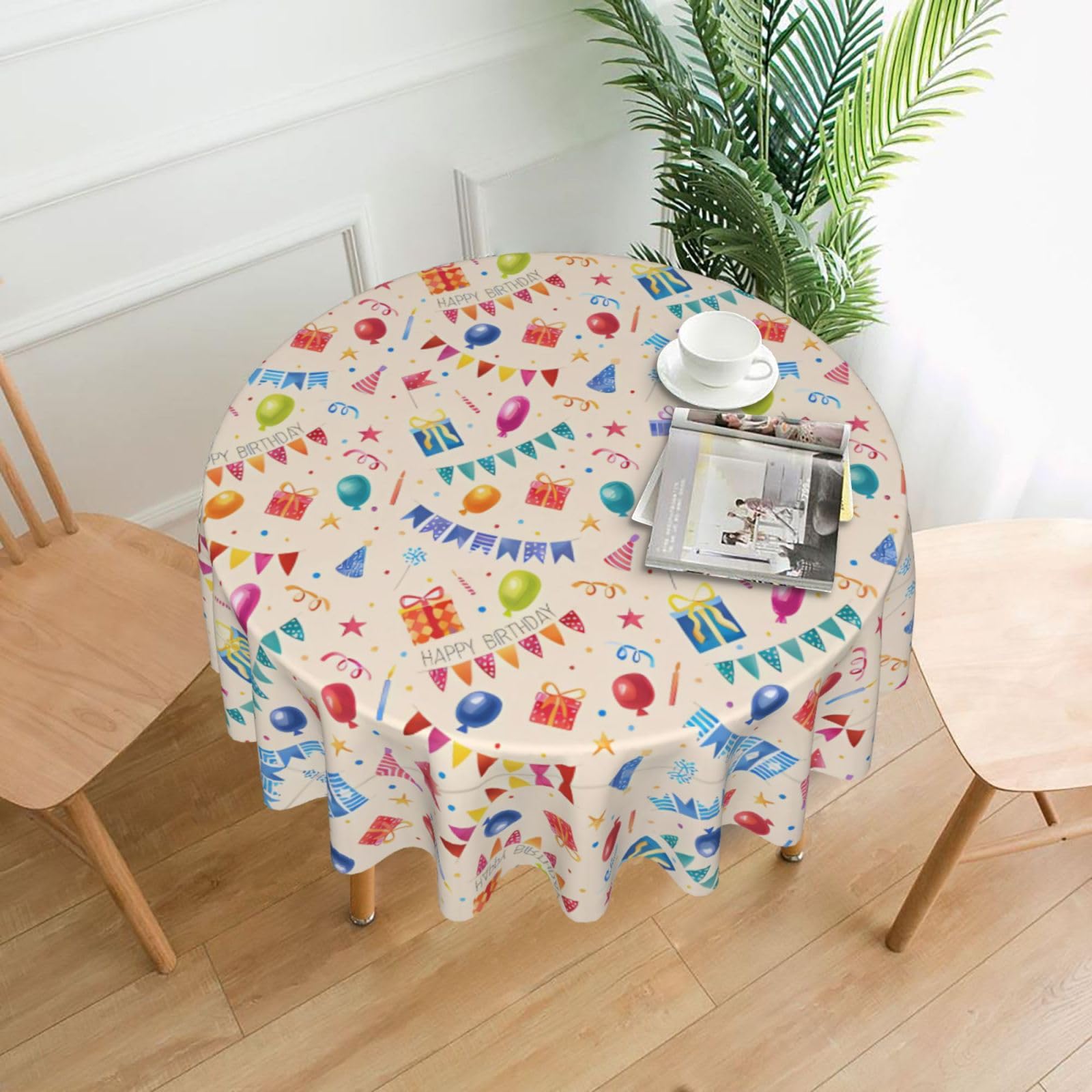 ZHAOUR Happy Birthday To You Print Round Washable Tablecloth – Table Cover
