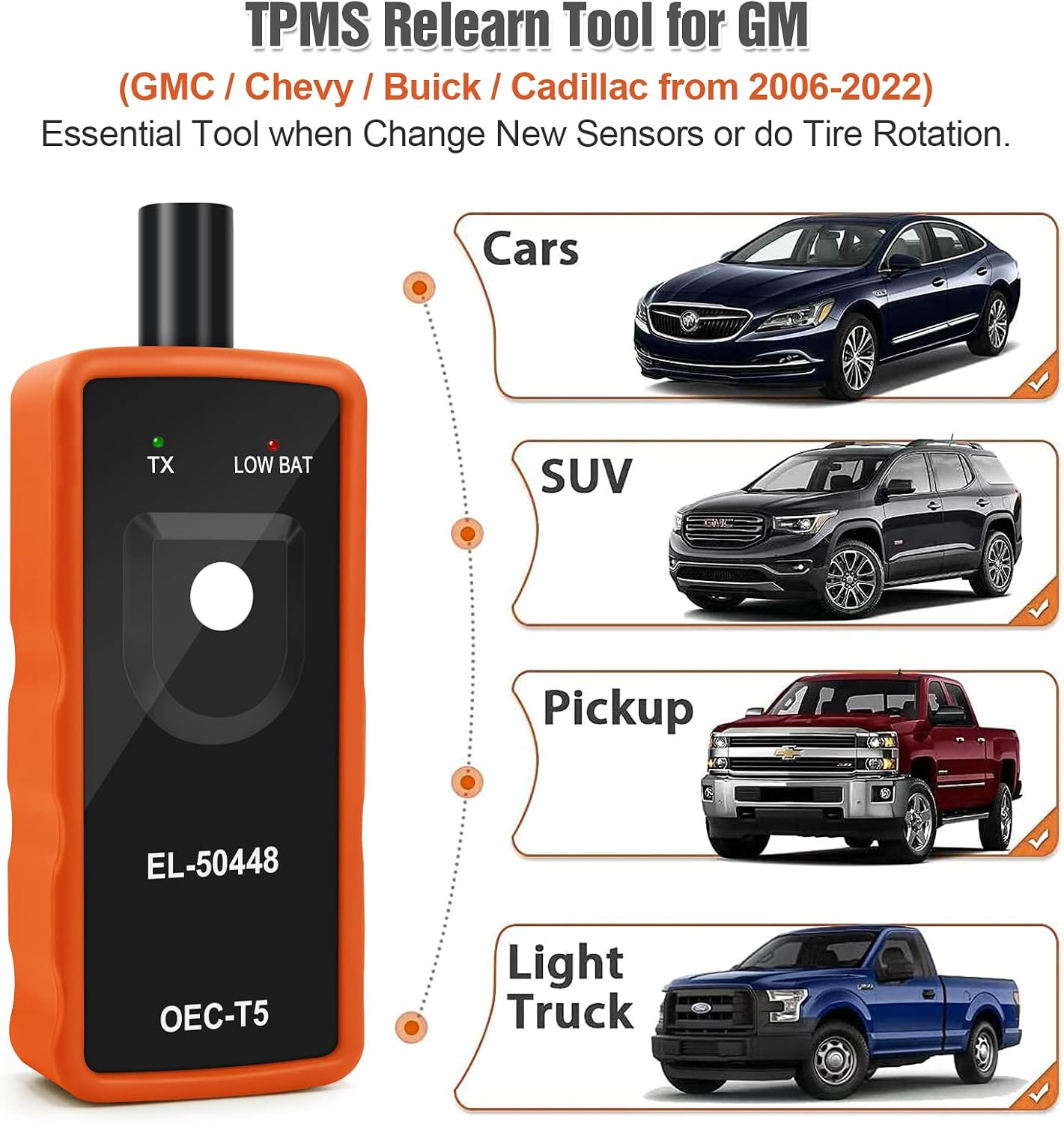 JDIAG EL-50448 TPMS Relearn Tool for GM Auto Tire Pressure Monitor System Sensor Activation TPMS Reset Tool OEC-T5 for GM/Buick/Chevy/Cadillac Series Vehicles 2023 Edition