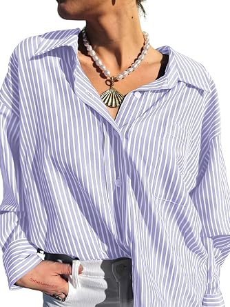 Striped Button Down Shirt for Women V-Neck Striped Long Sleeve Button Up Collared Tops Office Business Work Blouse
