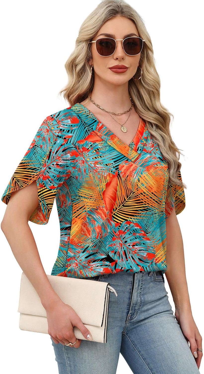 WIHOLL Womens Summer Tops Short Petal Sleeve Shirts Fashion V Neck Outfits Clothes - Image 4