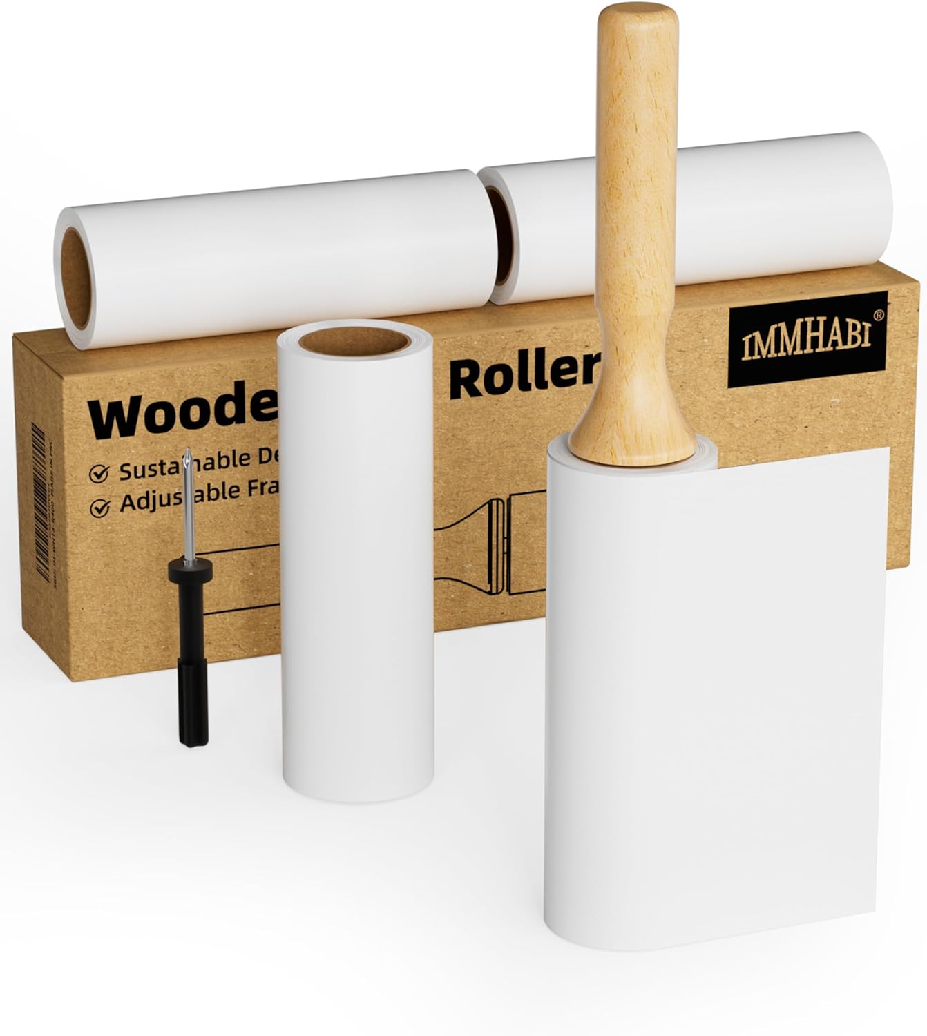 Flat Tear Lint Roller with Wooden Handle- 6.3 Inch Refills, 4 Rolls x 90 Sheets with Adjustable Tool | Pet Hair Remover for Furniture, Clothing | Ergonomic Grip, Straight-Tear Design