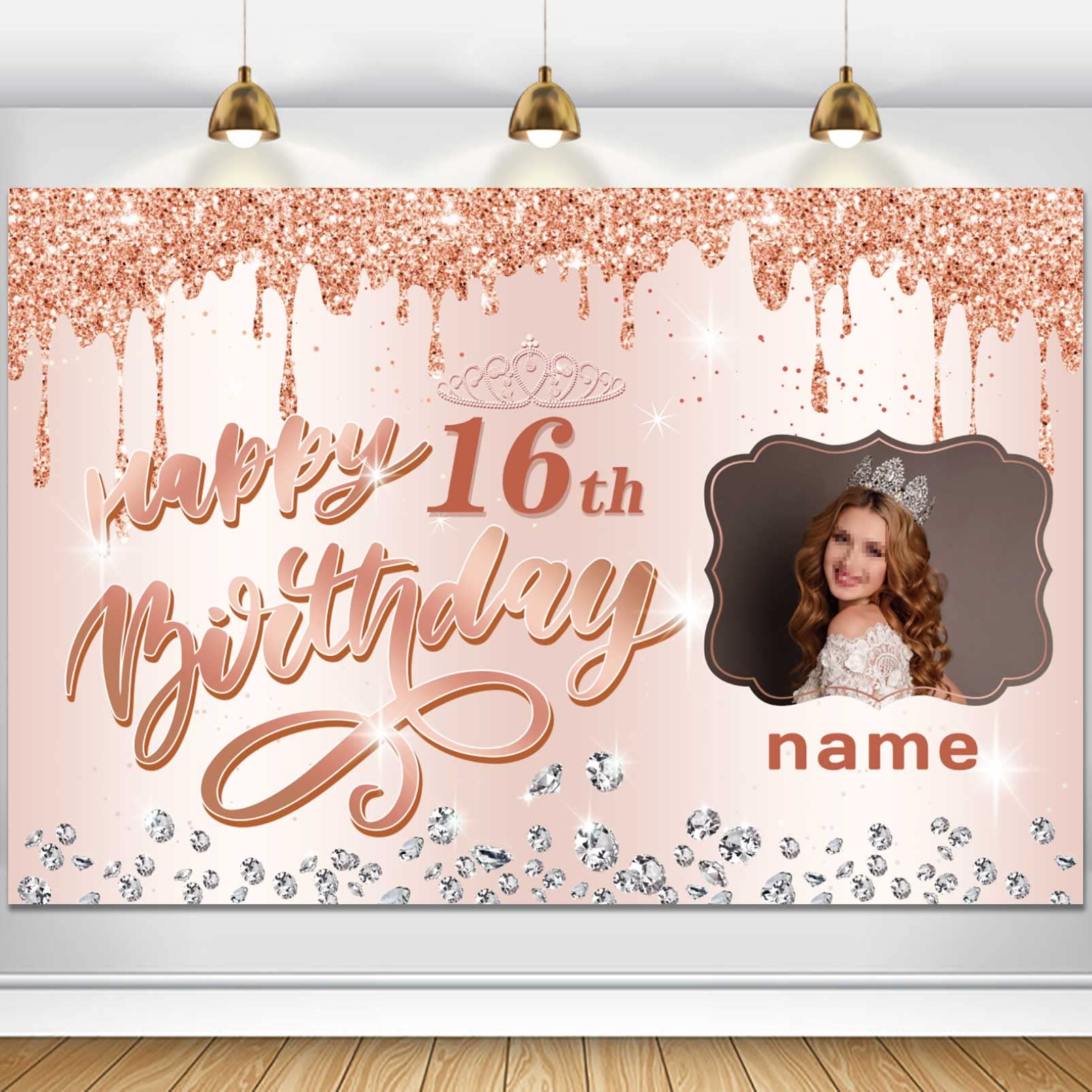 Customizable Rose Gold Happy 16th Birthday Decoration Banner - Personalized with Name and Photo