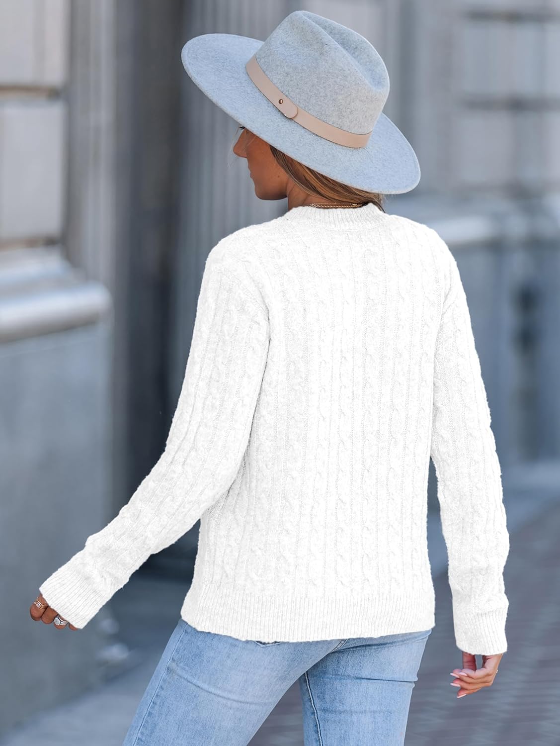 DancingYarns Womens Cable Knit Sweaters for Women Fall Winter 2025 Trendy Ladies Casual Business Outfits Cute Soft Sweater Classic Crew Neck Long Sleeve Pullover Tops Ivory White M - Image 3