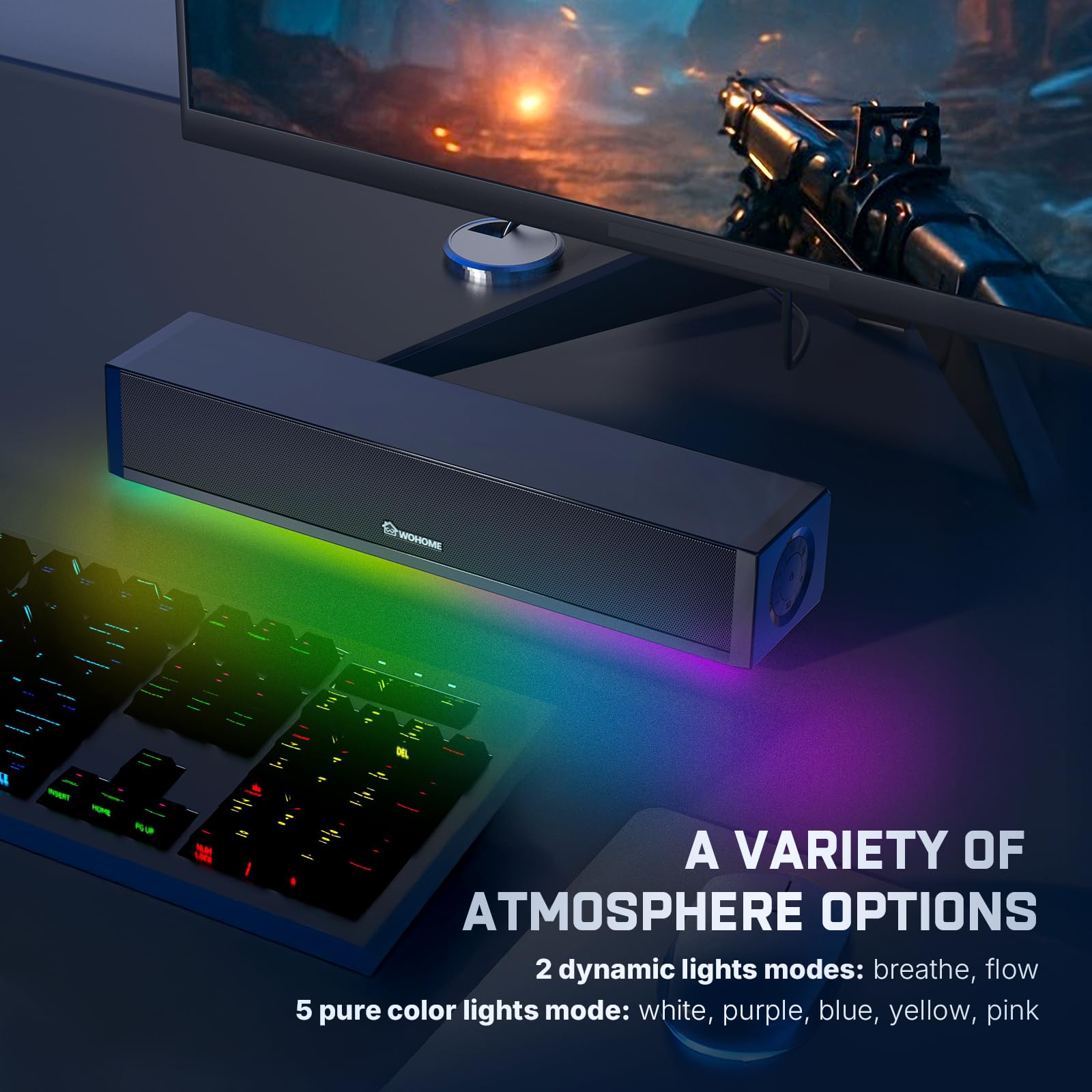 Altavoces de computadora 2.1 para PC de escritorio, barra de sonido Bluetooth 5.3 PC con 7 modos de luz RGB, altavoces de juegos para laptop alimentados por CC con entrada auxiliar de 3.5 mm