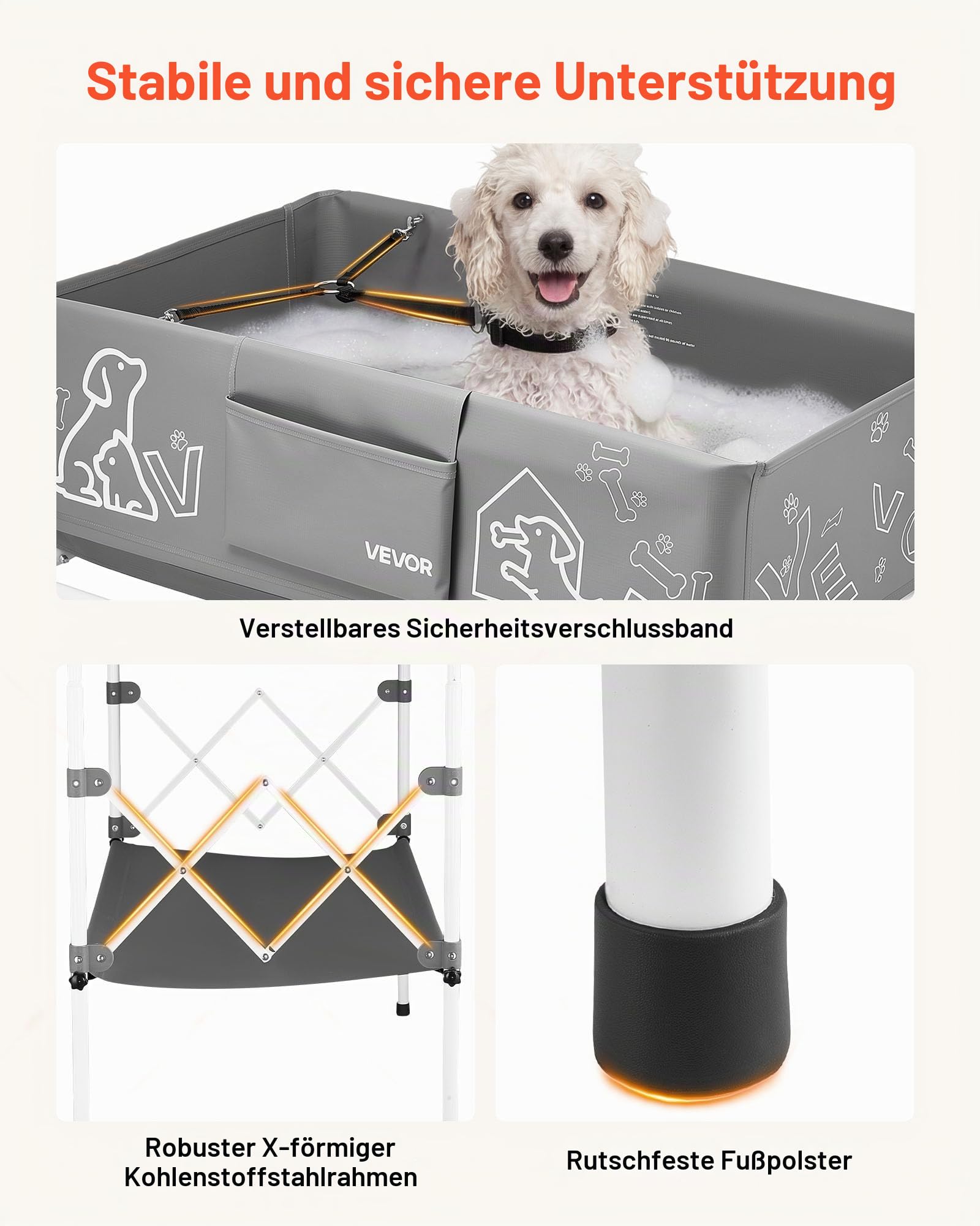 VEVOR 100L Hundebadwanne, Erhöhte Haustierbadwanne mit Metallgestell, Haustierwanne mit Abfluss Lagerregal Seitentasche, Faltbare Wäschewanne zum Pflegen & Baden für Kleine Mittelgroße Haustier, Grau
