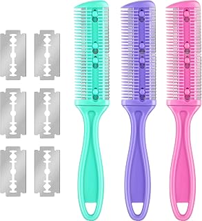 3 Pieces Razor Comb with 10 Pieces Razors, Hair Cutter Comb Cutting Scissors, Double Edge Razor, Hair Thinning Comb Slim Haircuts Cutting Tool (Green, Purple, Pink)