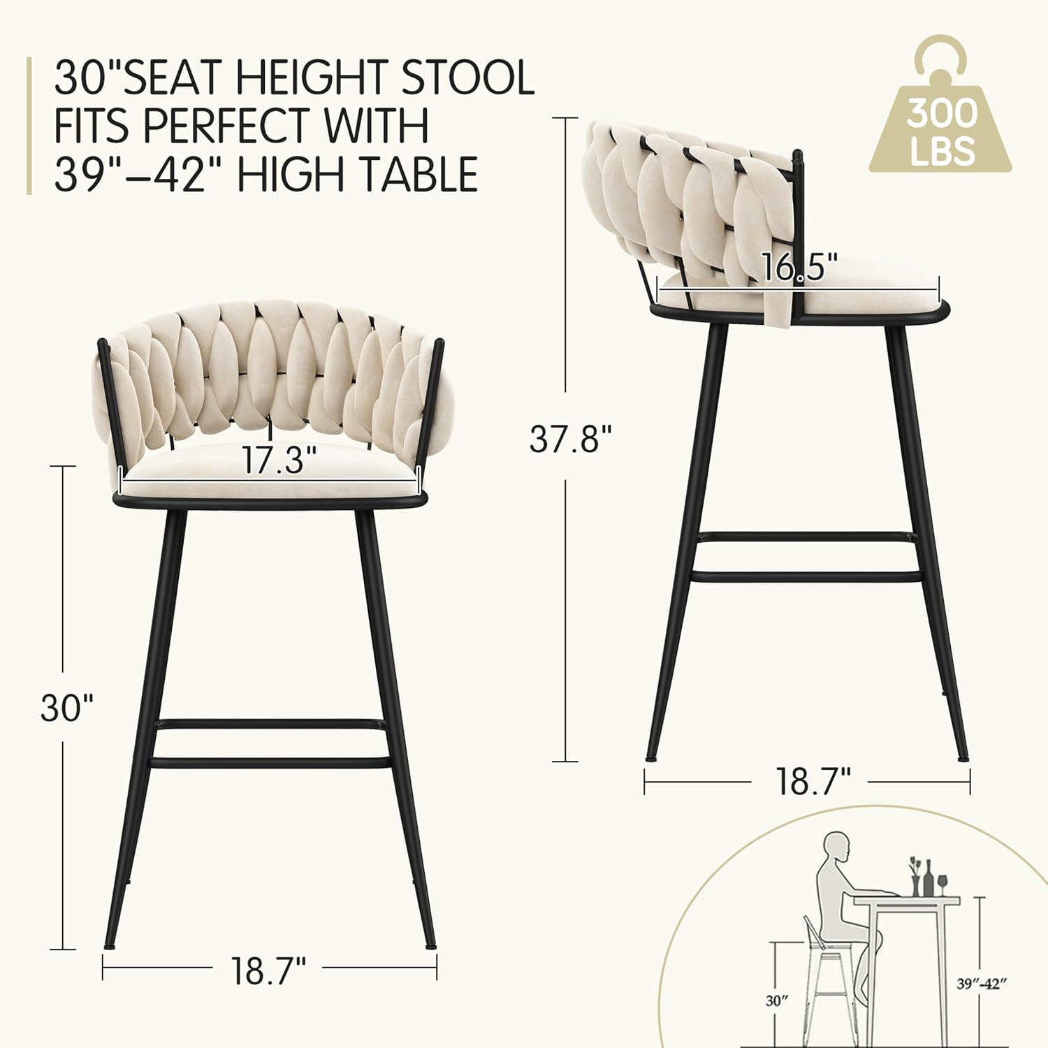 ALISH 30 Inch Bar Stools Set of 4,Upholstered Barstools with Woven Back and Footorest Velvet Modern Bar Chairs for Kitchen, Dining Room (Ivy, Set of 4)