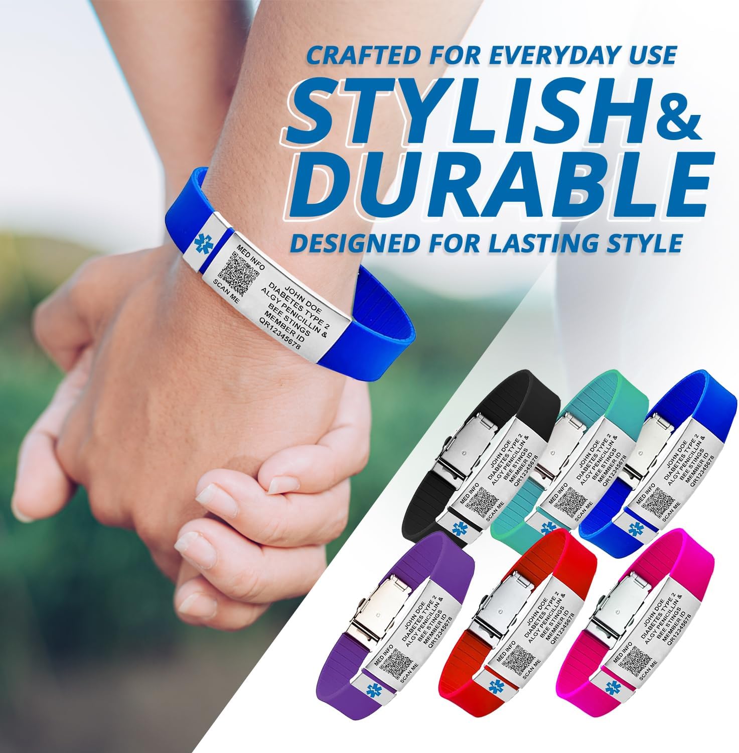 QR Code Medical ID Bracelet – Scannable Emergency Alert Wristband with Online Medical Profile – Custom Engraved 4 Line Tag – Waterproof Silicone Medic ID for Diabetes, Allergies, Epilepsy