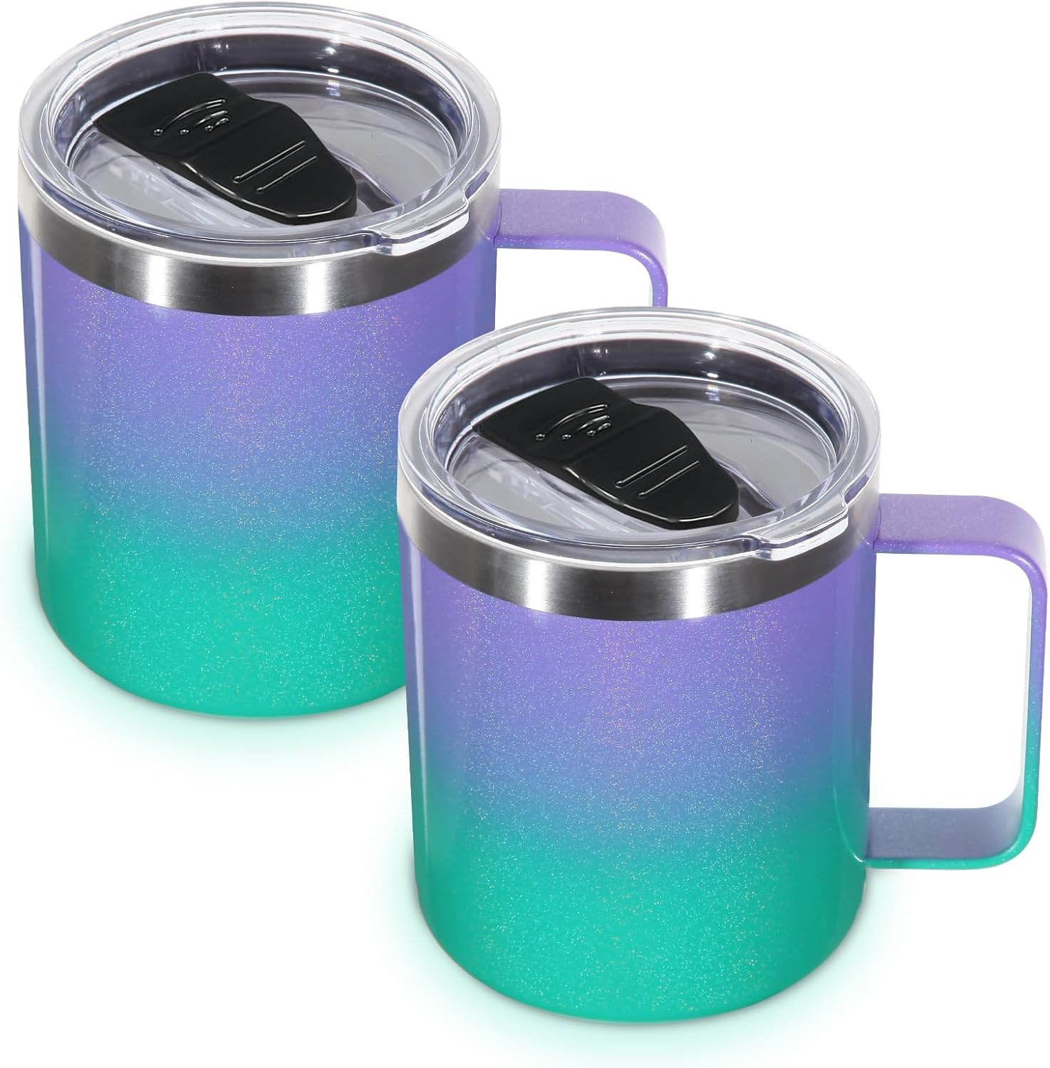 Volhoply 14oz Insulated Stainless Steel Coffee Mug with Lid Bulk 2 Pack,Double Wall Vacuum Travel Coffee Cup with Handle,Reusable Cups Tumbler,Camping Mugs Keep Hot,Ideal Gifts(Purple Green,2)