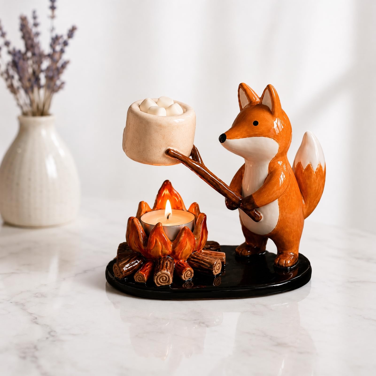 Quoravel Campfire Animal Tealight Holder, Durable Resin Candle Holder, with Cat Fox And Dachshund Figurines, Warm Cozy Atmosphere Decorative Candle Stand Yellow B