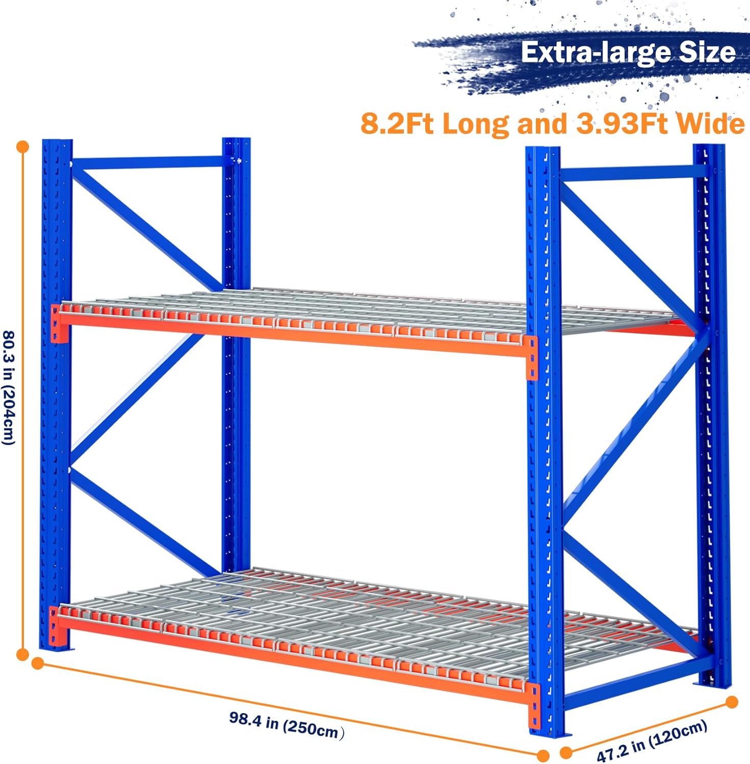 Heavy Duty 2-Tier Industrial Pallet Rack 98.4"W x 47.2"D x 80.3"H, 4400 LBS Per Shelf (8800 LBS Total),Wire Decking, Adjustable Steel Construction,Orange &Blue for Warehouse,Garage,Factory Metal Shelf