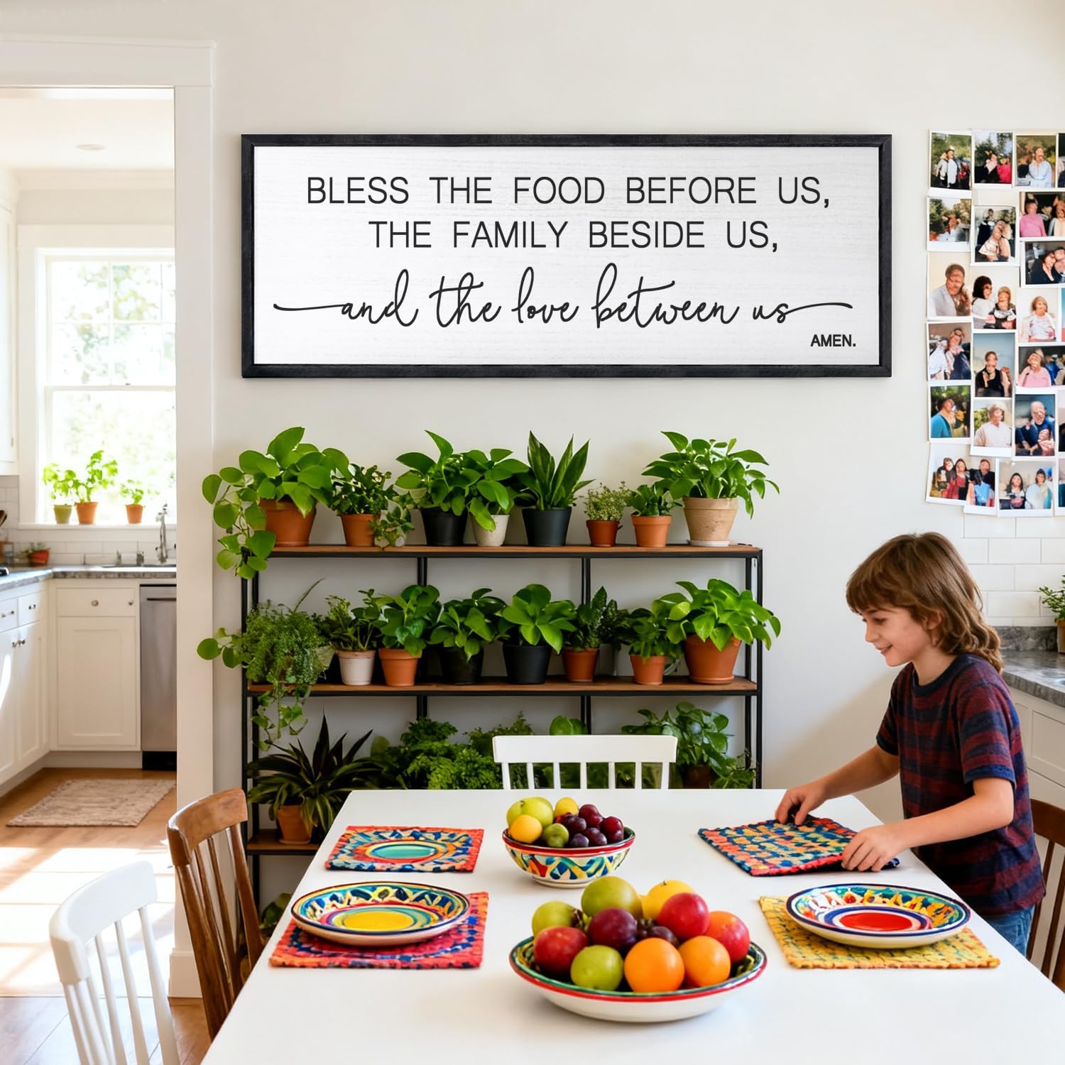 homuvdok Bless the Food Before Us, the Family Beside Us, and the Love between Us Wall Art for Dining Room, 40''×15'' Holy Positive Religious Rustic Bible Verse for Christian God Jesus Christ Prayer