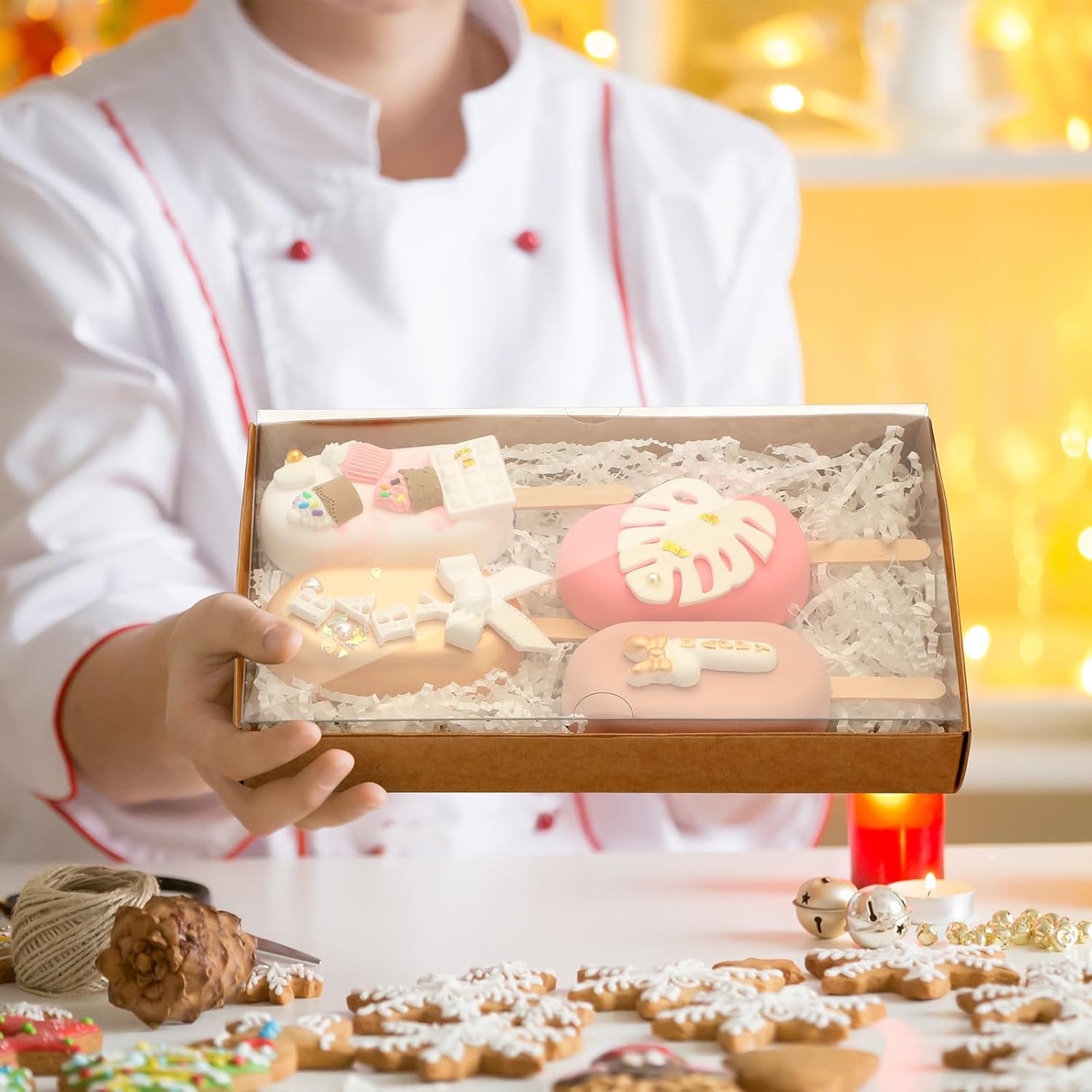 Karenhi 48 Pcs Clear Cookie Boxes with Full Window 9.5 x 5.9 x 1.3 in Bakery Gift Packaging for Macarons Donuts Chocolate Covered Treats Cakesicle Pretzels Party Favors(Brown)