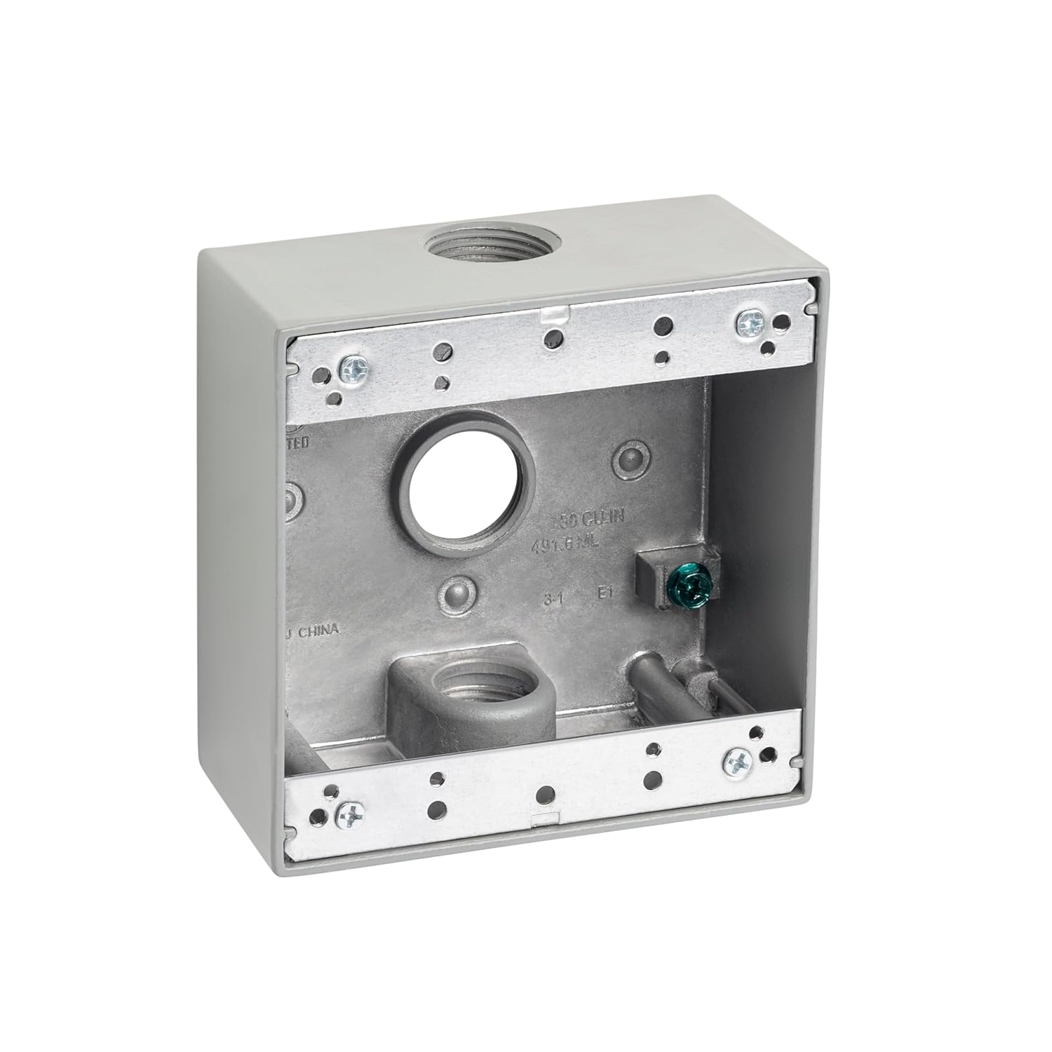 Sealproof 2-Gang 3 3/4" Holes Weatherproof Rectangular Exterior Electrical Outlet Box with 3 Outlets, Three 3/4-Inch Holes, UL Listed, Double Gang, Gray