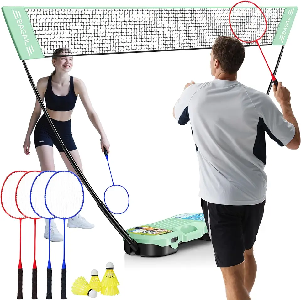 BAGAIL Conjunto de Red de bádminton portátil - Bolsa de Almacenamiento - Base autónoma - Instalación rápida - Red de bádminton con 4 Raquetas y 4 Volantes para Jugar en Interiores y Exteriores