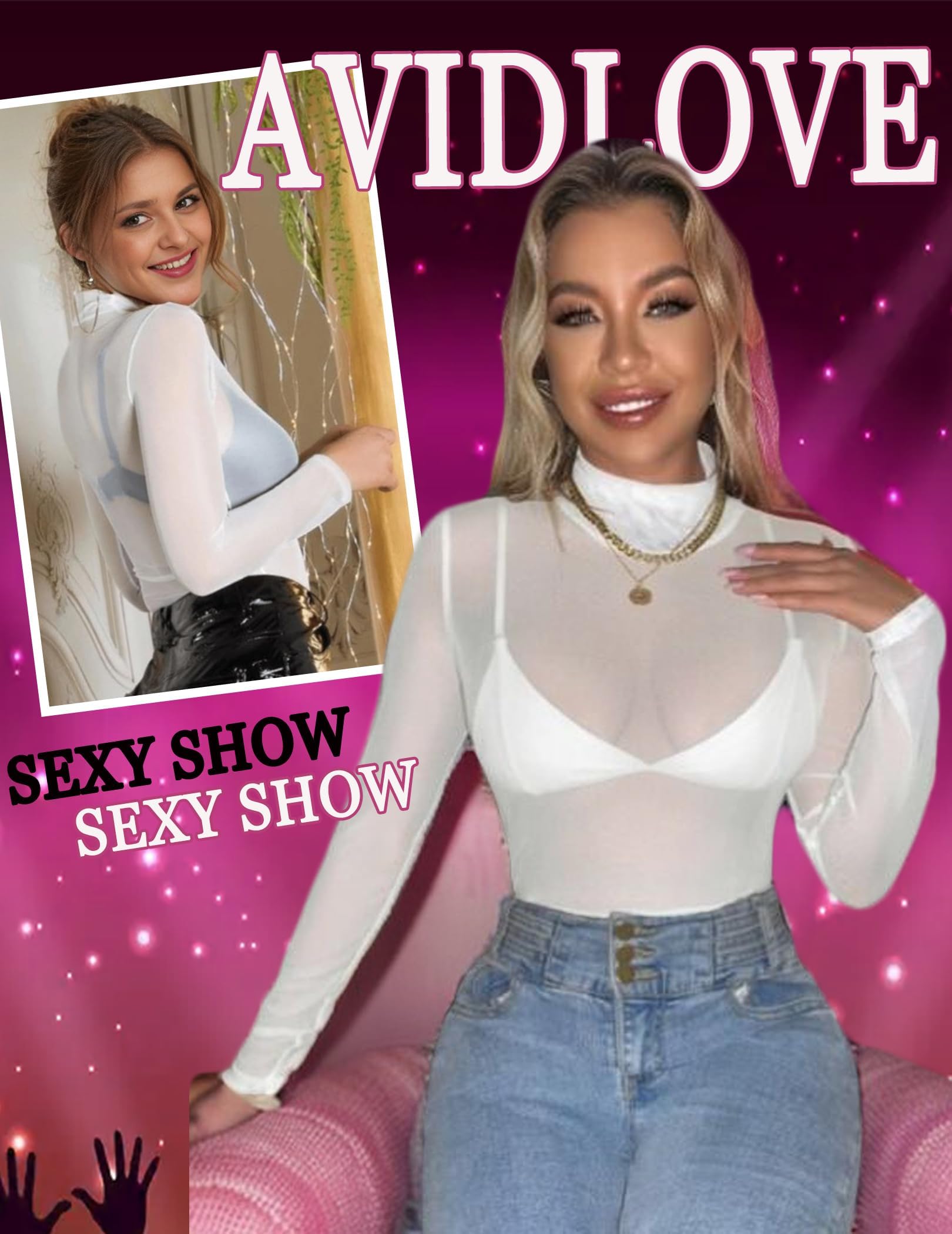 Avidlove Body De Malla para Mujer Cuello Alto Manga Larga Camiseta Casual Blusa Ropa De Fiesta Club Estilo Y2K Ropa De Festival Y Rave