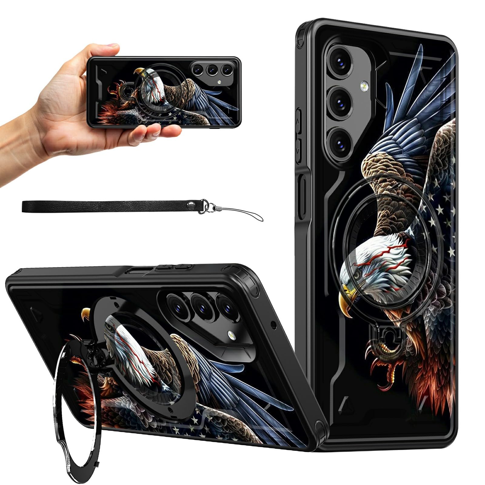 RWUTYTIUL for Samsung Galaxy A16 5G 6.7" Magnetic Case with Wrist Strap, Kickstand Anti-Scratch Hard PC Silicone Shockproof Protective Women Men Phone