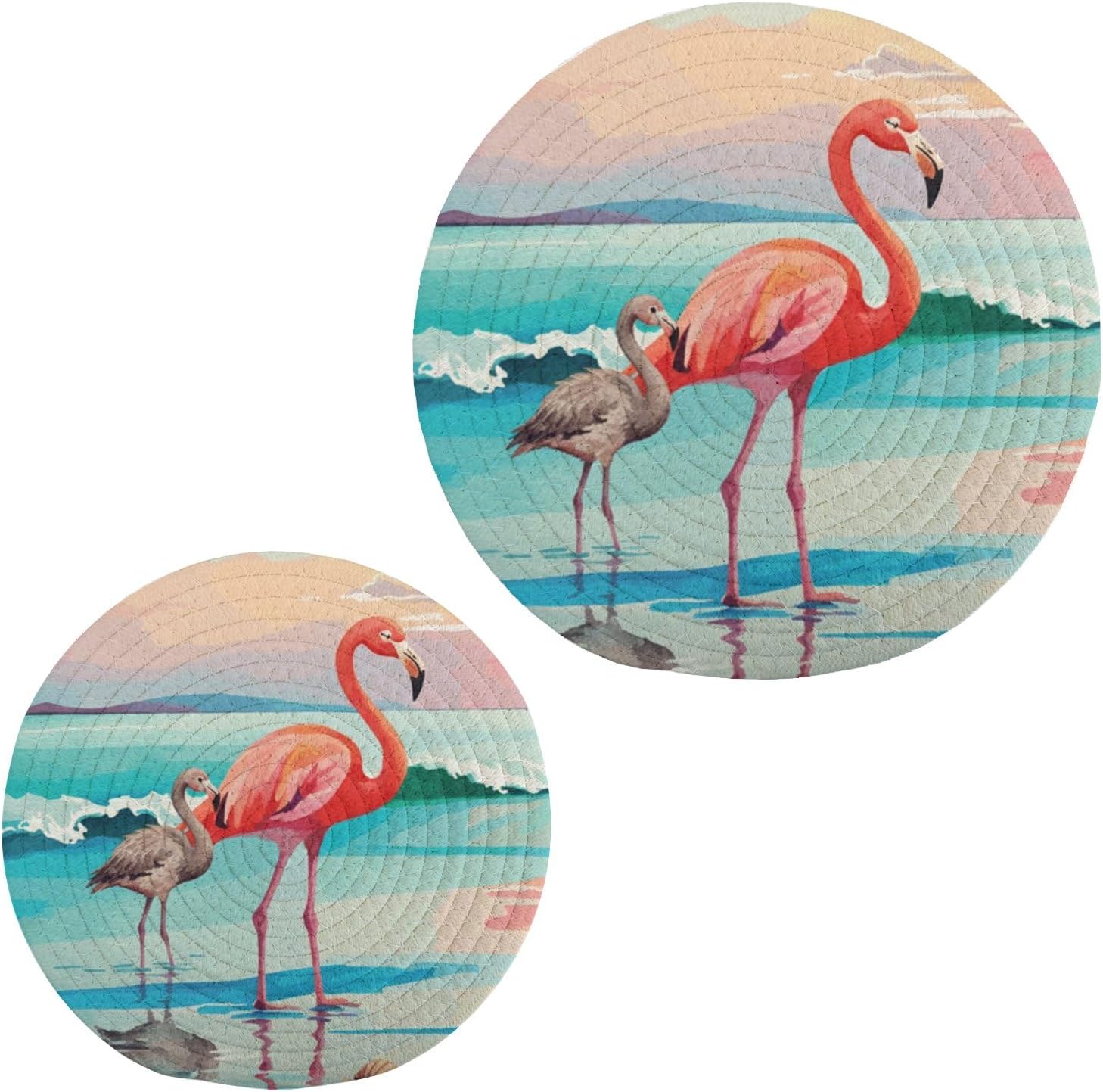 Pink Tropical Flamingo Trivets for Hot Pots and Pans and Pot Holders 2Pcs – Cotton Rope Round Mats, Hot Pads for Kitchens, Coasters, Placemats, Spoon Rest for Cooking and Baking