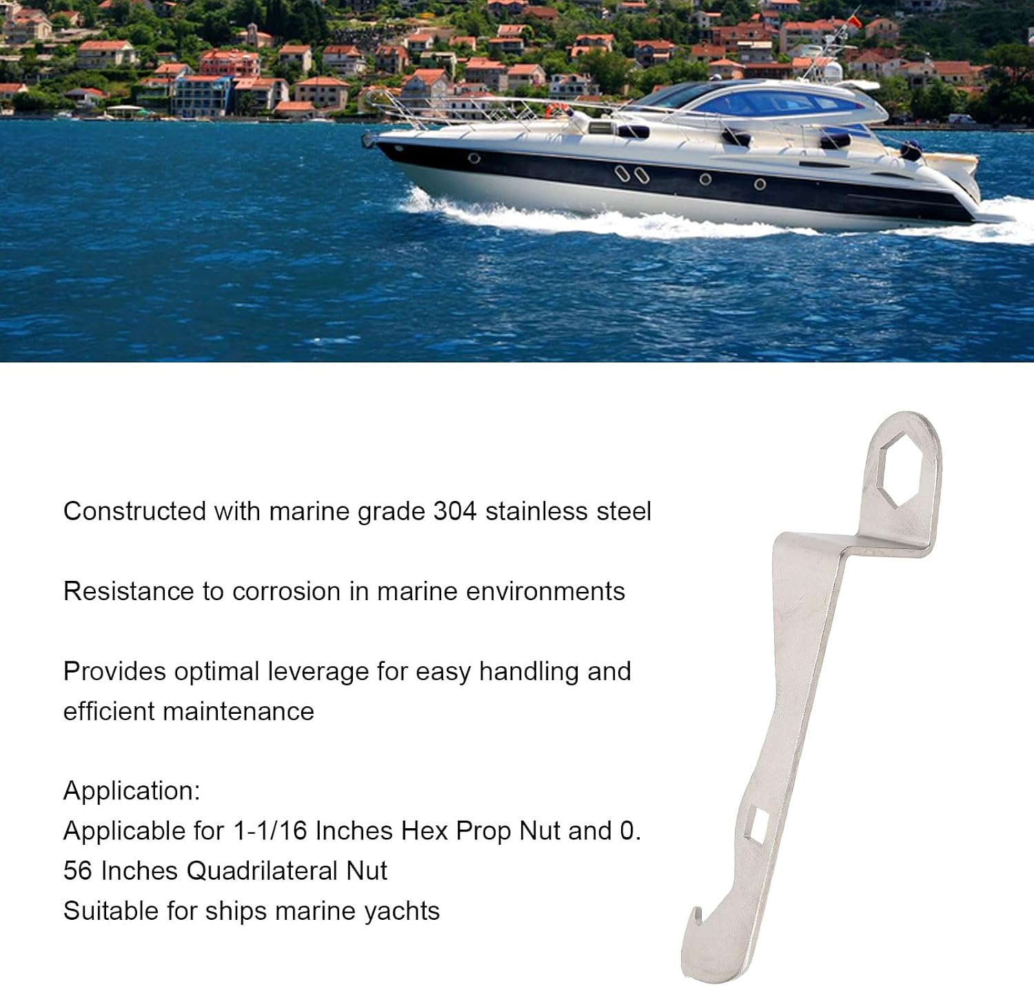 Propeller Wrench 304 Stainless Steel 10 Inch, Marine Grade for 1 1/16 Inches Hex Prop Nut 0.56 Inches Quadrilateral Nut, Handling, Resistant, for