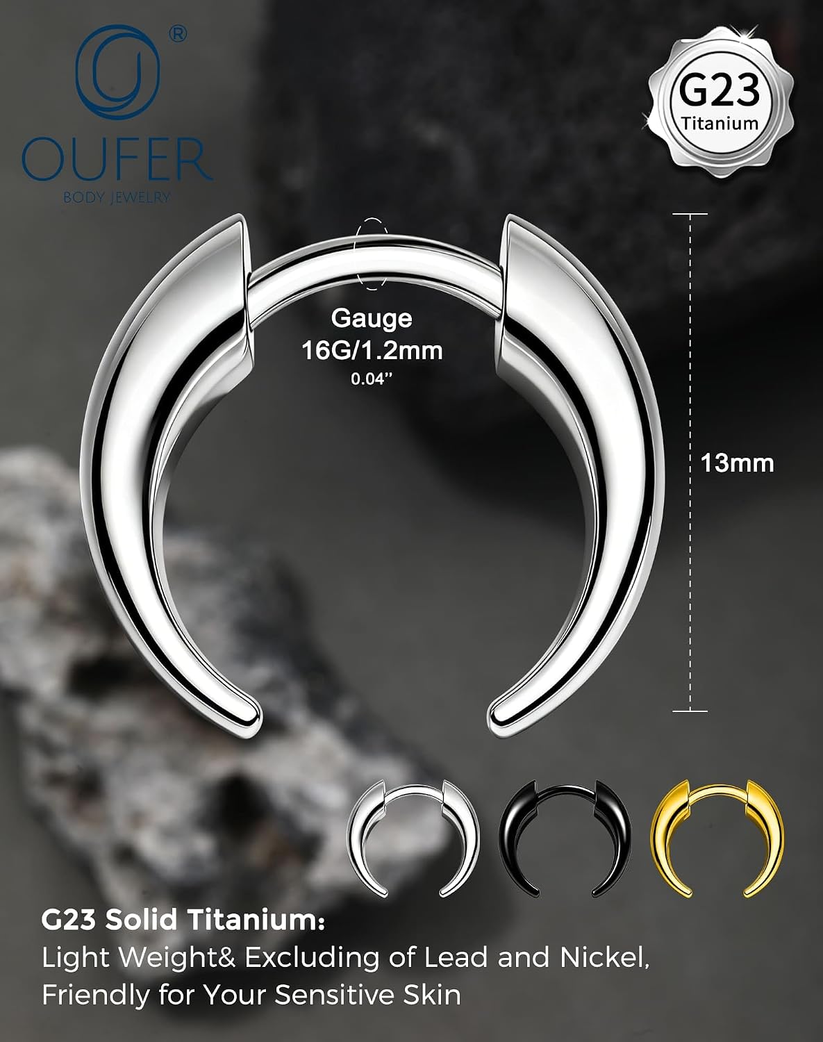 OUFER 16G Fake Gauge Septum Pincher Piercing Jewelry, Threadless Nose Ring | G23 Titanium, 16G 7MM Black Faux Heavy Nose Rings, Threadless, Fake Stretched, Daily Nose Piercing Jewelry for Women Men