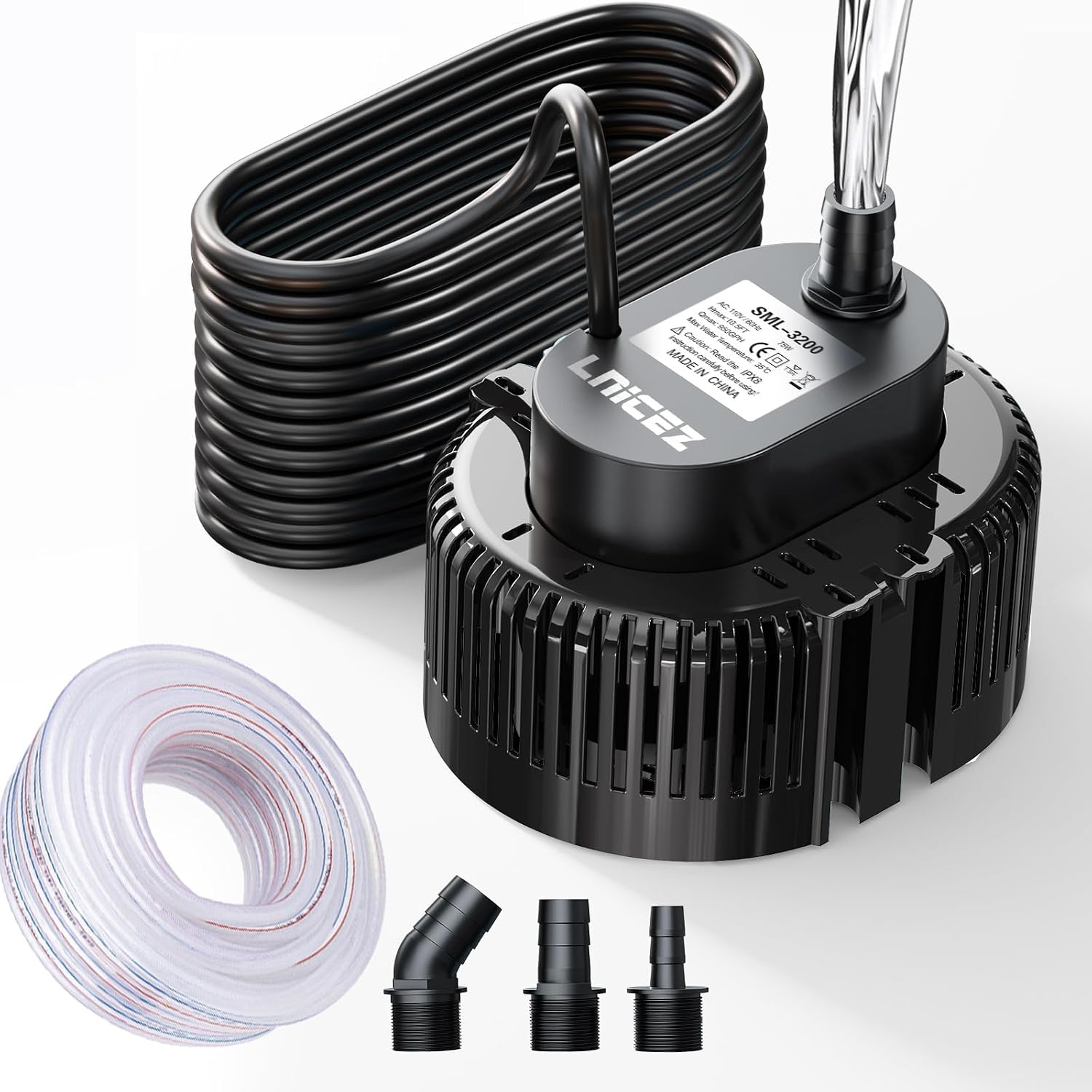 Lnicez Sump Pump - 950GPH Ultra-quiet - Submersible Water Pump, Pool Cover Pump, Sump Pump for Pool Draining with 16ft Drainage Hose, Upgraded 25ft Thicker Power Cable and 3 Adapters