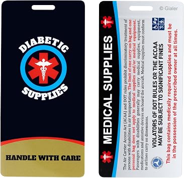 Medical Equipment Luggage Tag - ID Identification Alert Bag Tag for Travel Supplies 2.1" X 4.5", Diabetic - Navy