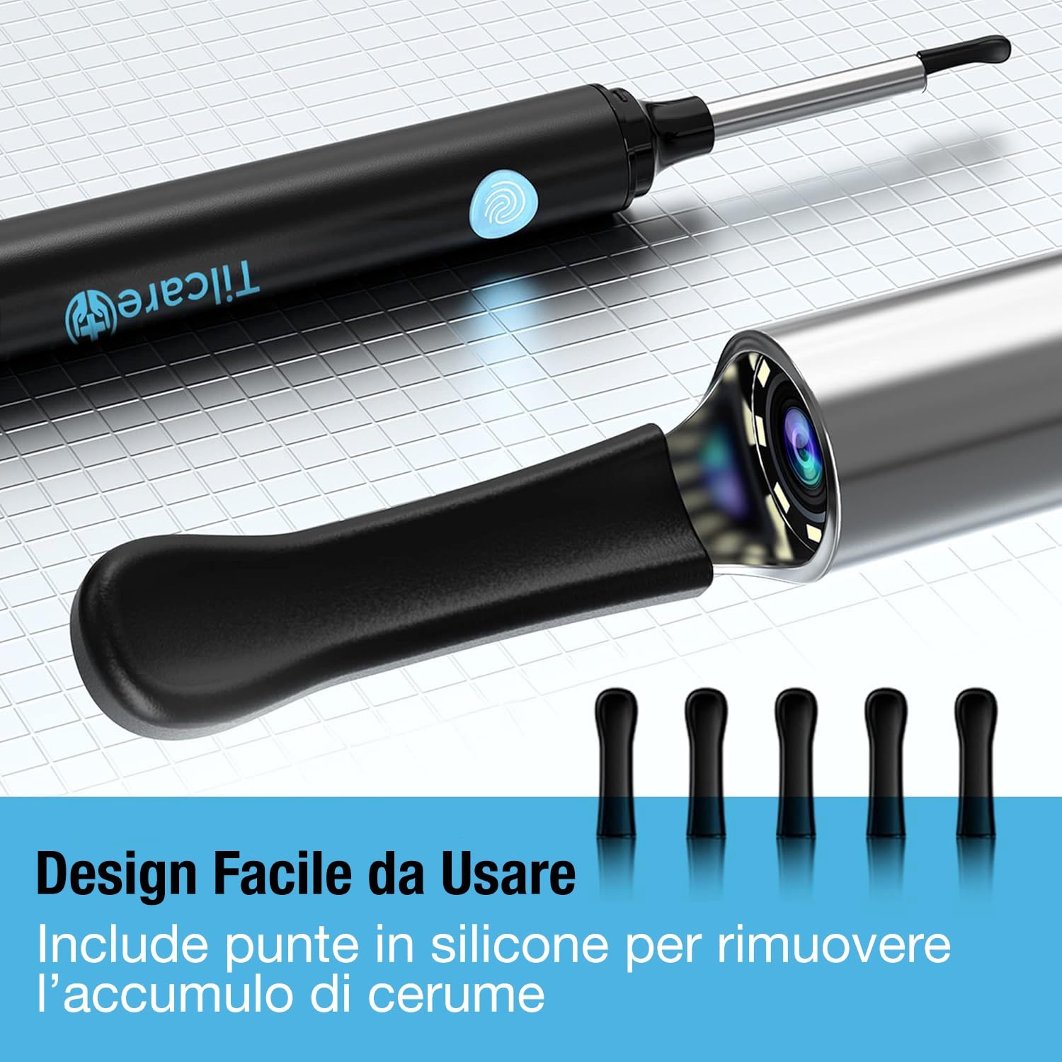 Tilcare Strumento per la Rimozione Cerume con Telecamera - Sistema per Irrigazione dell'Orecchio per Adulti e Bambini - Include Bacinella, Siringa, Kit Curette, Asciugamano e 30 Punte Monouso
