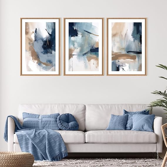 CHDITB Large Abstract Navy Blue Framed Canvas Wall Art,Neutral Brush Stroke Wall Decor,Modern Pastel Brown Wall Painting,Minimalist Shapes Artwork for Living Room,Bedroom,Office(40x60cm)