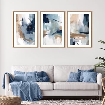 CHDITB Large Abstract Navy Blue Framed Canvas Wall Art,Neutral Brush Stroke Wall Decor,Modern Pastel Brown Wall Painting,Minimalist Shapes Artwork for Living Room,Bedroom,Office(40x60cm)