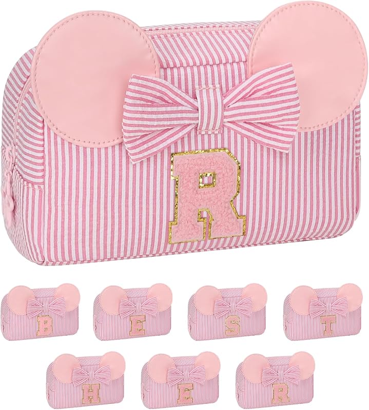Necessaire de maquiagem onemoky com inicial, nylon, listras rosa com laço, 20,07 cm x 7,87 cm x 10,49 cm