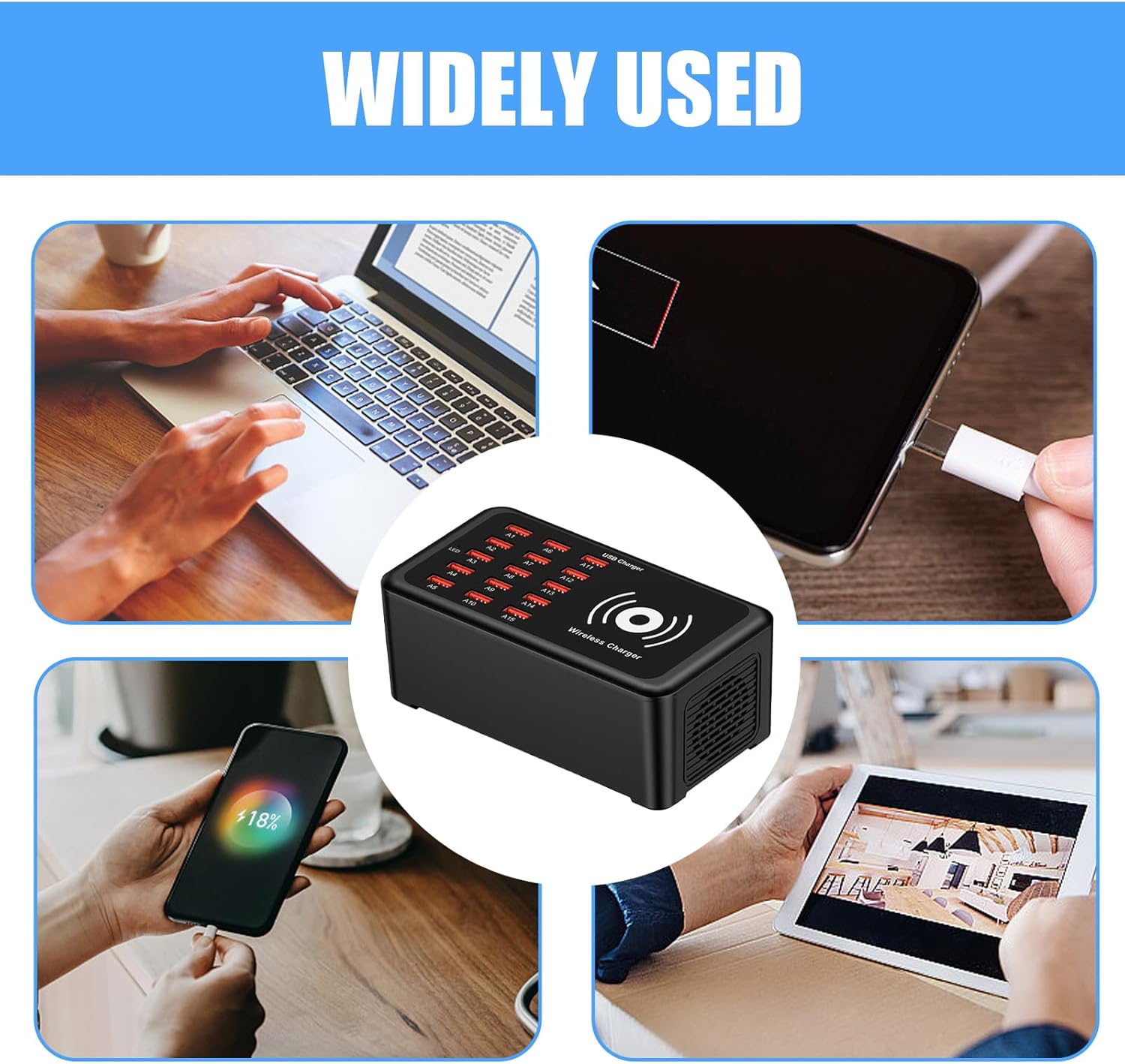 USB充電ハブ | 15ポート 100W 急速充電 対応 | 急速充電ステーション 複数デバイス対応 - 大人 ティーン ノートパソ