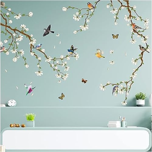 4 calcomanías de pared de pájaros en rama de árbol, flores y flores, removibles, mariposas, árboles, decoración de habitación de niños, decoración