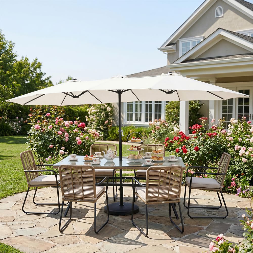 BAKAJI Ombrellone Doppio da Patio Rettangolare con Sistema di Apertura e Chiusura Manovella, 3 Tettucci Poliestere Anti UV e Impermeabile, Ideale per Giardino, Esterno, Bistrot, Bar (4,5 x 2,7 Metri)
