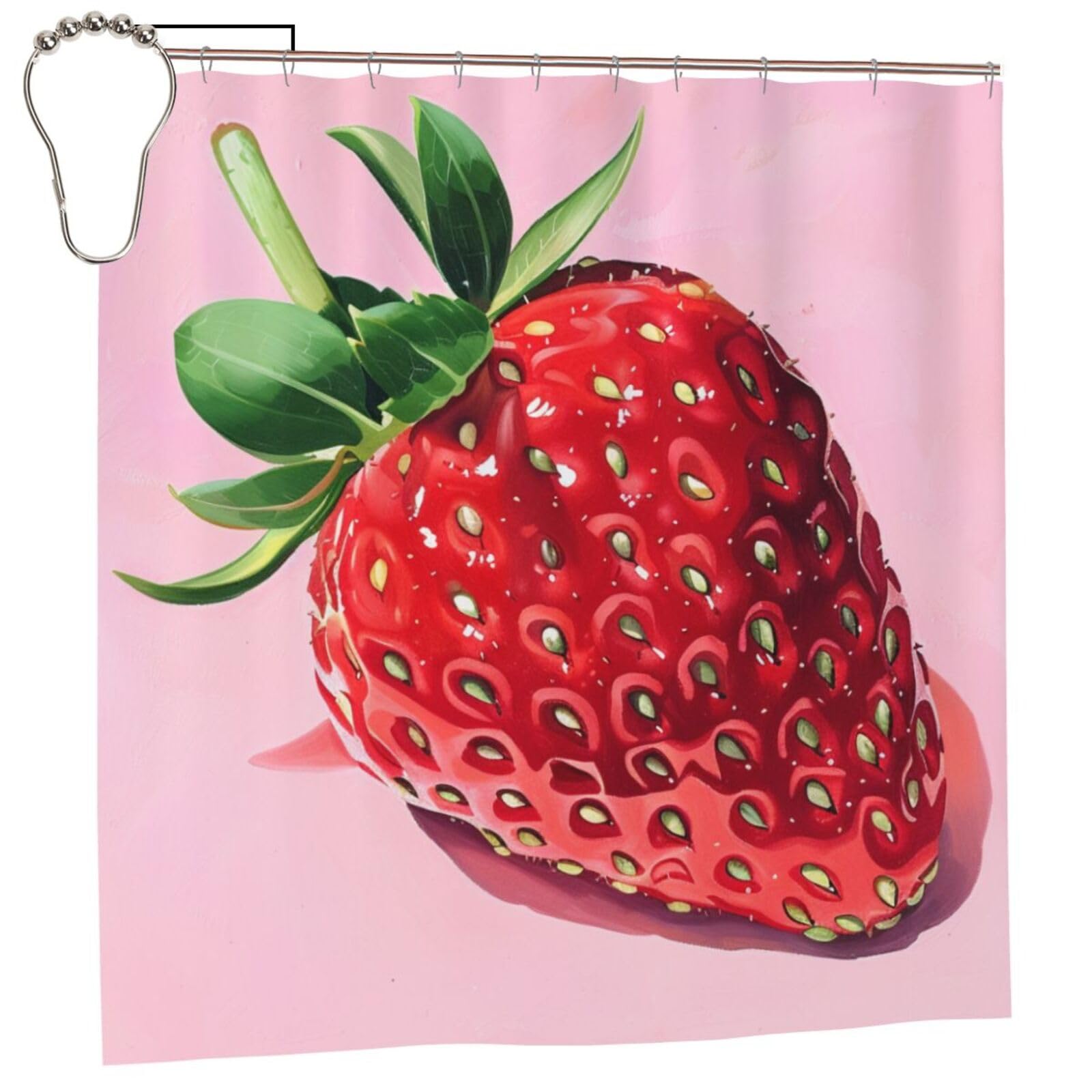 BWWHCCTI Strawberry Printed Shower Curtain With 12 Iron Hooks Opaque Quick Drying Waterproof Shower Curtains Sets For Bathroom 183x183 CM