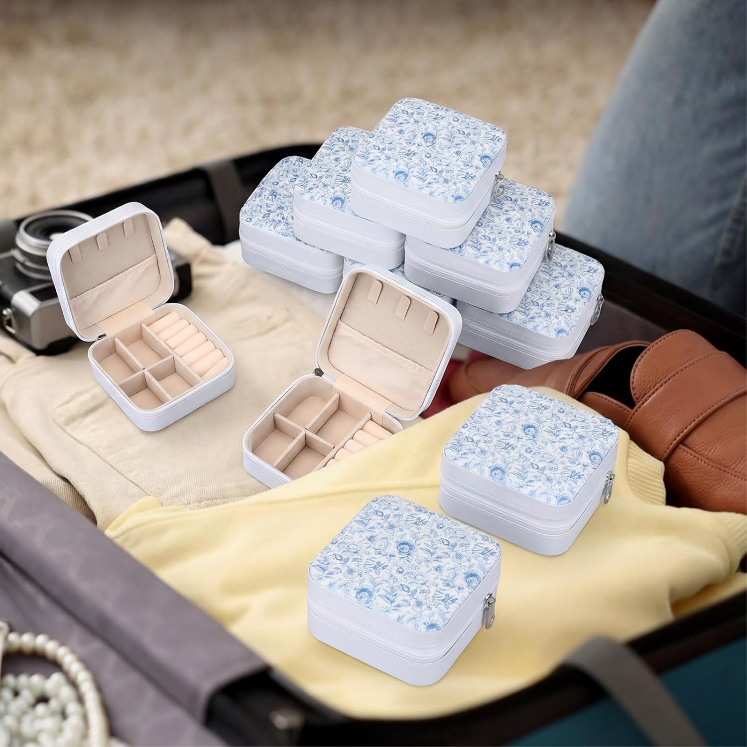 Novabright 8 Pcs Blue and White Floral Travel Jewelry Case Bulk Small Bridesmaid Jewelry Organizers and Storage Box Gifts Little Accessories Holder Tiny Wedding Bridal Party Favors for Women