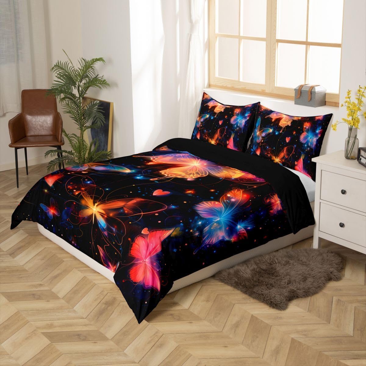 Gradient Butterfly Duvet Cover Set Toddler Size,Galaxy Star Love Heart Bedding Set 2pcs,Sparkling Dreamy Quilt Cover with Zipper Closure,Neon Animal Girls Room Decor, 1 Pillowcase,No Comforter