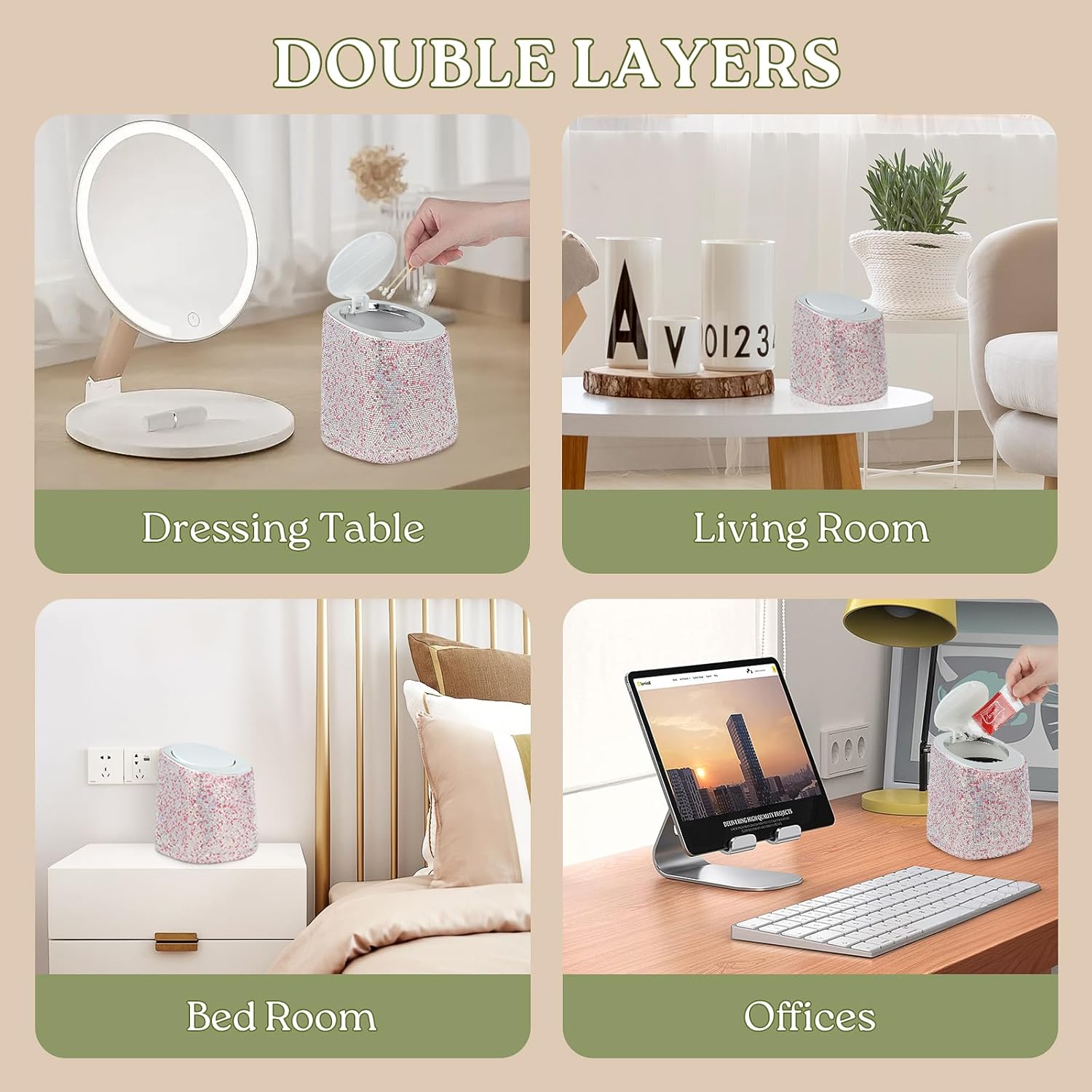 KEYPOWER Bling Rhinestone Small Tabletop Plastic Trash Can Cute Waste Can with Press-Top,Inner Tube and Trash Bags 0.5 Gallon Capacity, Suitable for Home Countertop,Car,Table Desk,Office (Pink)