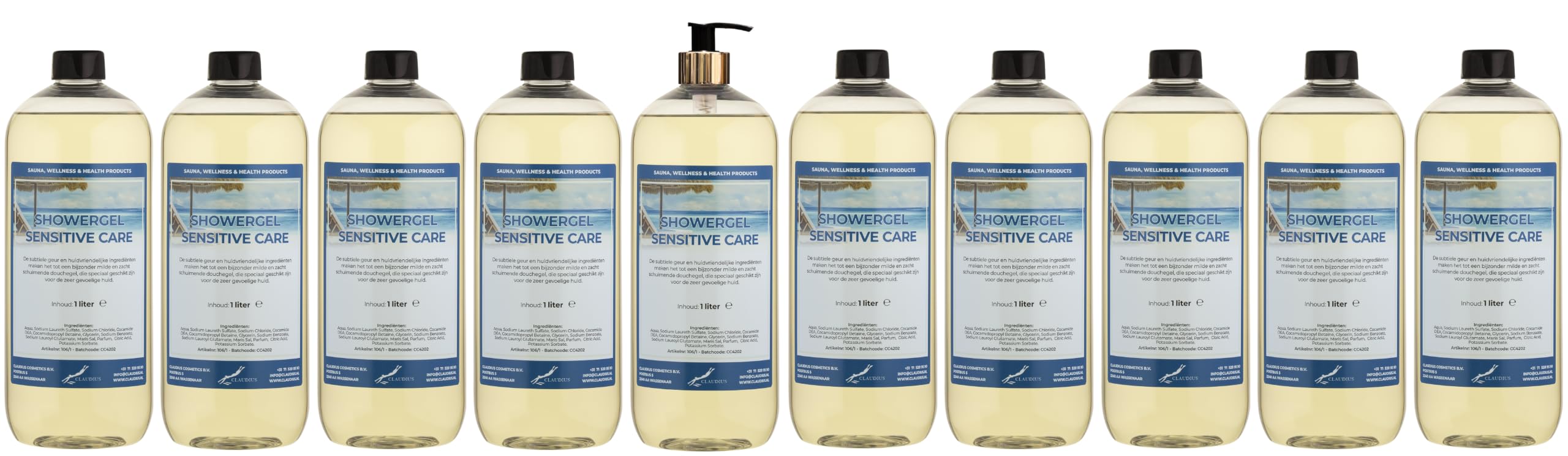 Duschgel Sensitive Care 10 x 1 Liter mit goldener Pumpe (transparent) | Pumpflasche, 1000 ml Inhalt