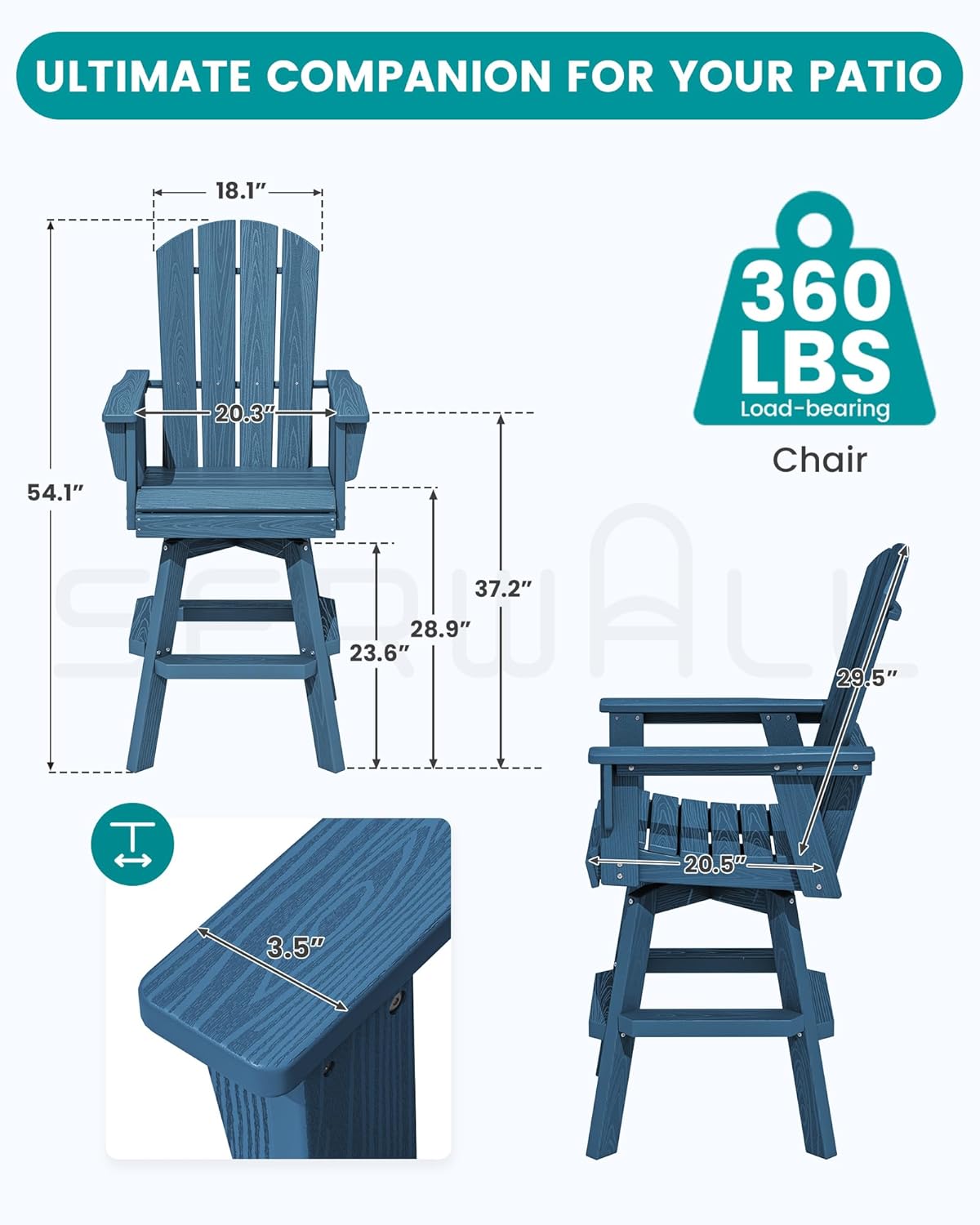 SERWALL Swivel Adirondack Bar Chairs Set of 2, HDPE Outdoor Swivel Barstools Chairs Set of 2 for Bistro, Poolside, Garden, Blue