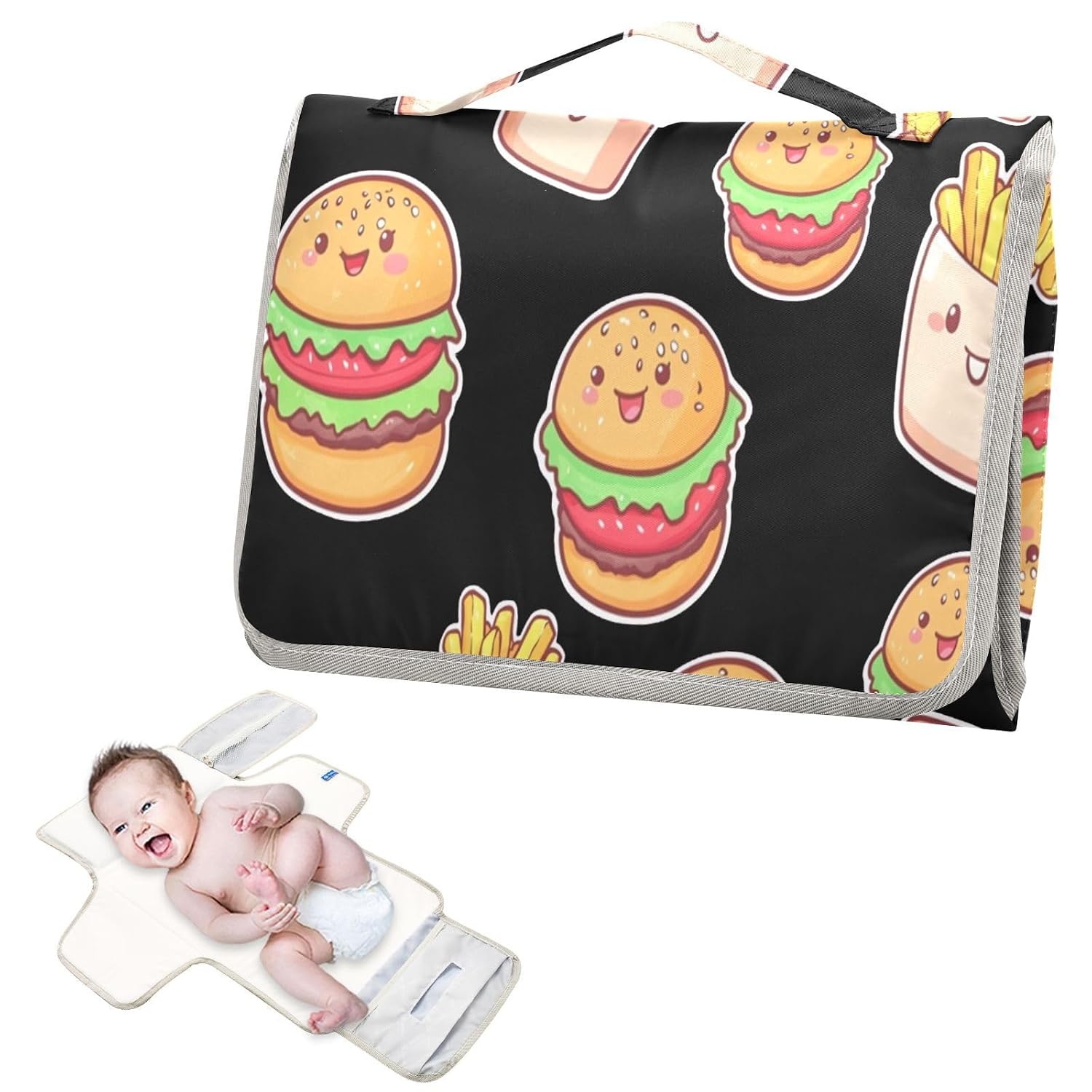 Hamburger French Cute Black Portable Diaper Changing Pad image 2