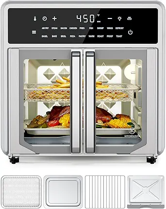 Air Fryer French Door Oven,15.8 Qt Toaster Oven Countertop Combo,18 Presets & 1 Preheat & Light, Airfryer Basket,Wire Rack,Baking Pan,Crumb Tray,Compact Design,Stainless Steel,Small