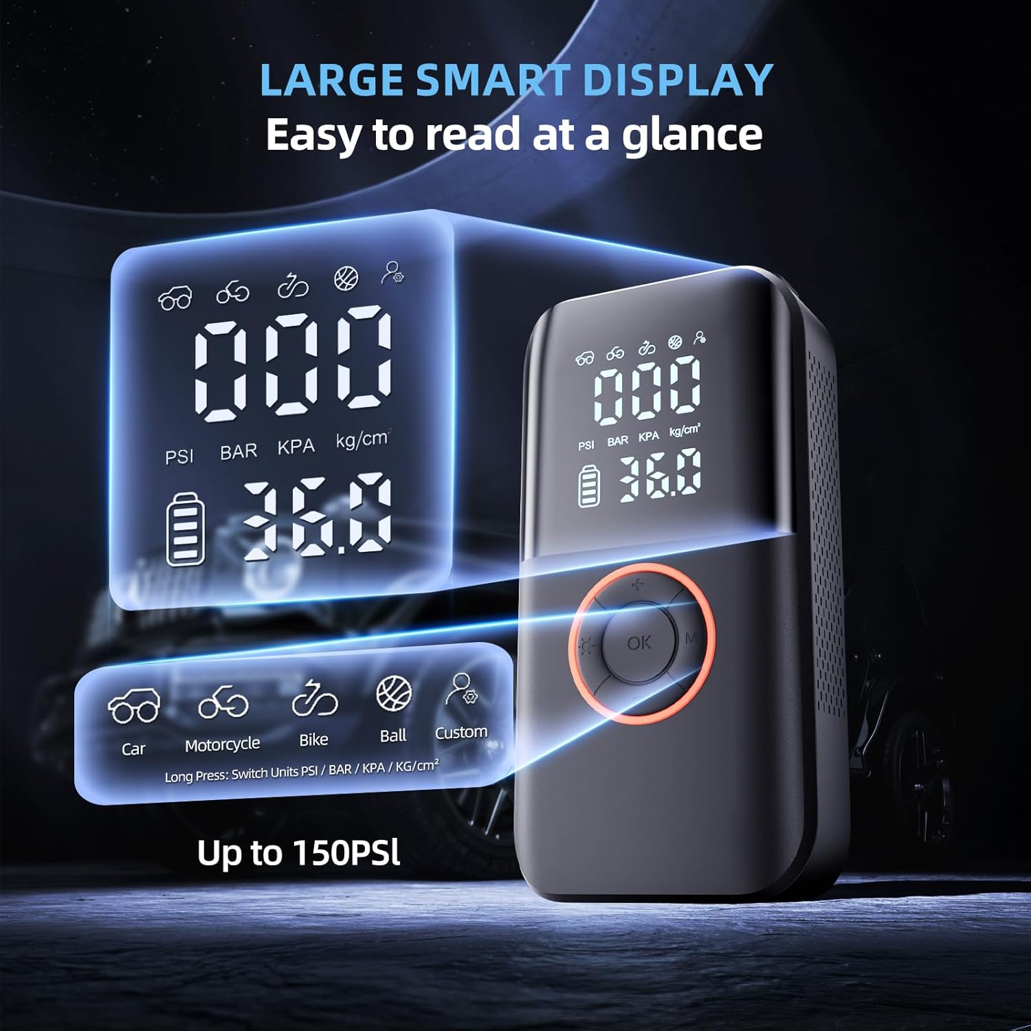 Tire Inflator Portable Air Compressor, 150PSI Cordless Tire Pump, 12V DC & Battery Dual Power, Air Pump for Car Tires, Motorcycle, Bike, Ball, with LED Light, Valentine Gifts for Men - Image 7