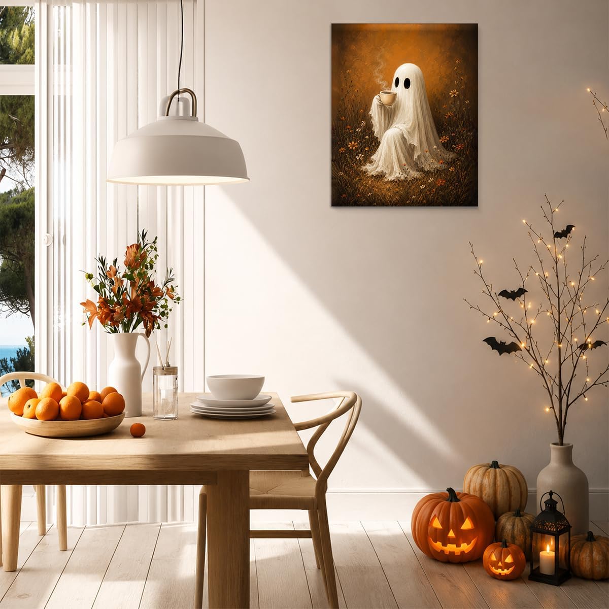 Vintage Halloween Ghost Wall Art, Cute Ghost Drinking Coffee Fall Poster, Autumn Floral Canvas Prints for Living Room Bedroom Bathroom Wall Decor 8x10 Inches Framed