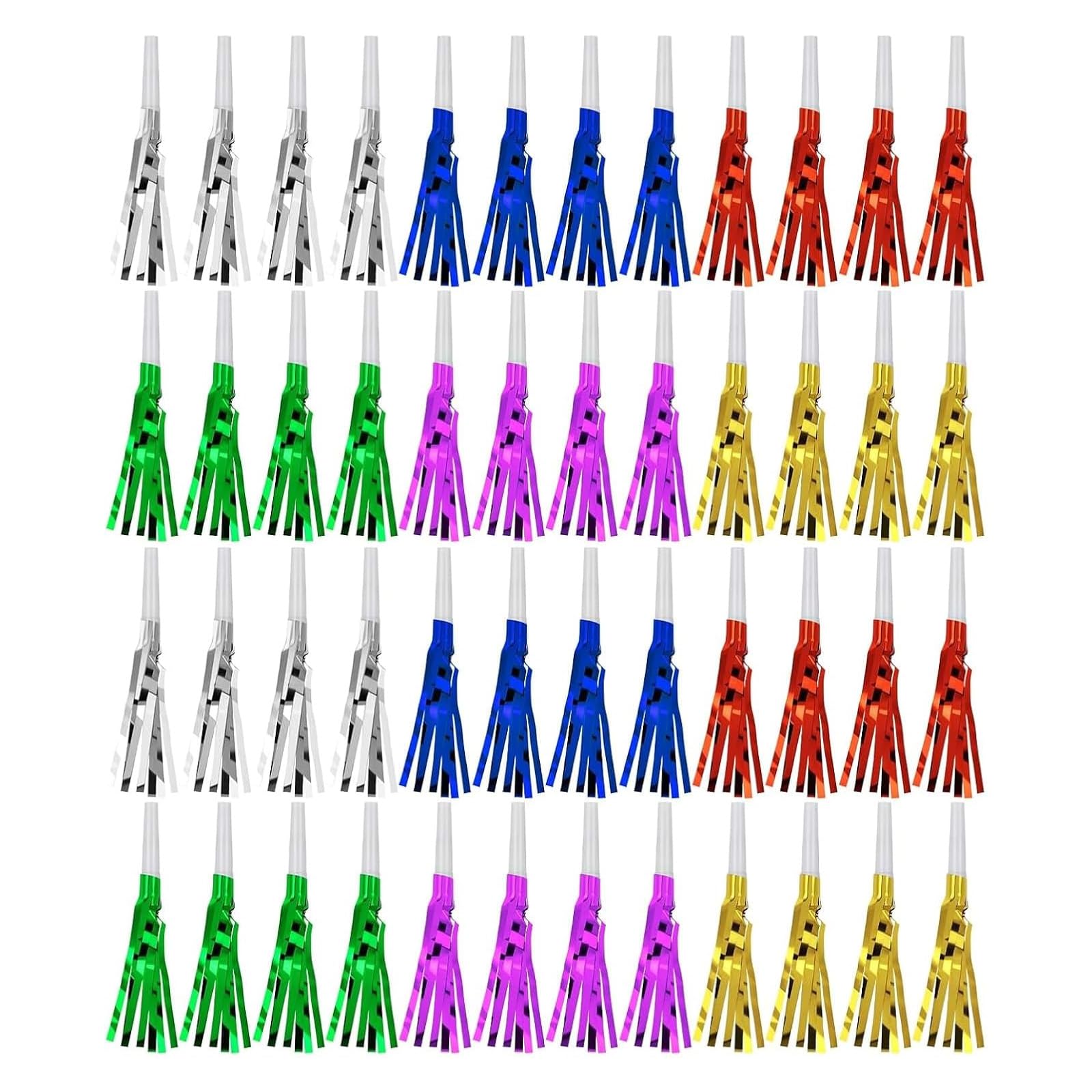 48Pcs Colorful Noise Makers,Glitter Metallic Fringed Noise Maker,Party Horns Party Blowers,Musical Blowouts Whistle for Kids Adults, Birthday Party Sports,Graduation Party Favor Supplies