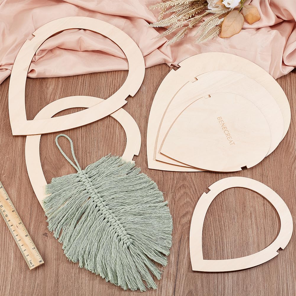 BENECREAT Set di Forniture per macramè da 4 Pezzo, Modello di Foglia di macramè in Legno, Stampi da Taglio e Pettine per Realizzare Nappe a Piuma in macramè, Forma a Goccia Sottile