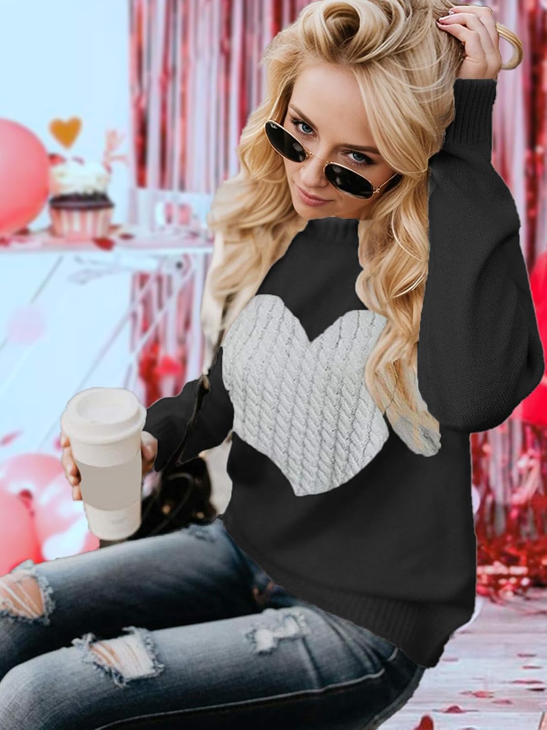 Heart Sweater for Women Valentines Day Gifts for Her Red Sweaters Crewneck Long Sleeve Lightweight Cute Tops - Image 3