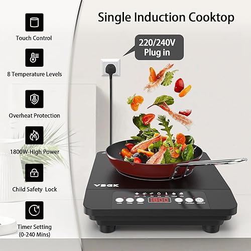 Miniatura 4 de VBGK Cocina de inducción de un solo quemador, Cocina de inducción portátil de 1800 W, Placa caliente de 110 V con sensor LCD táctil, 7 niveles de