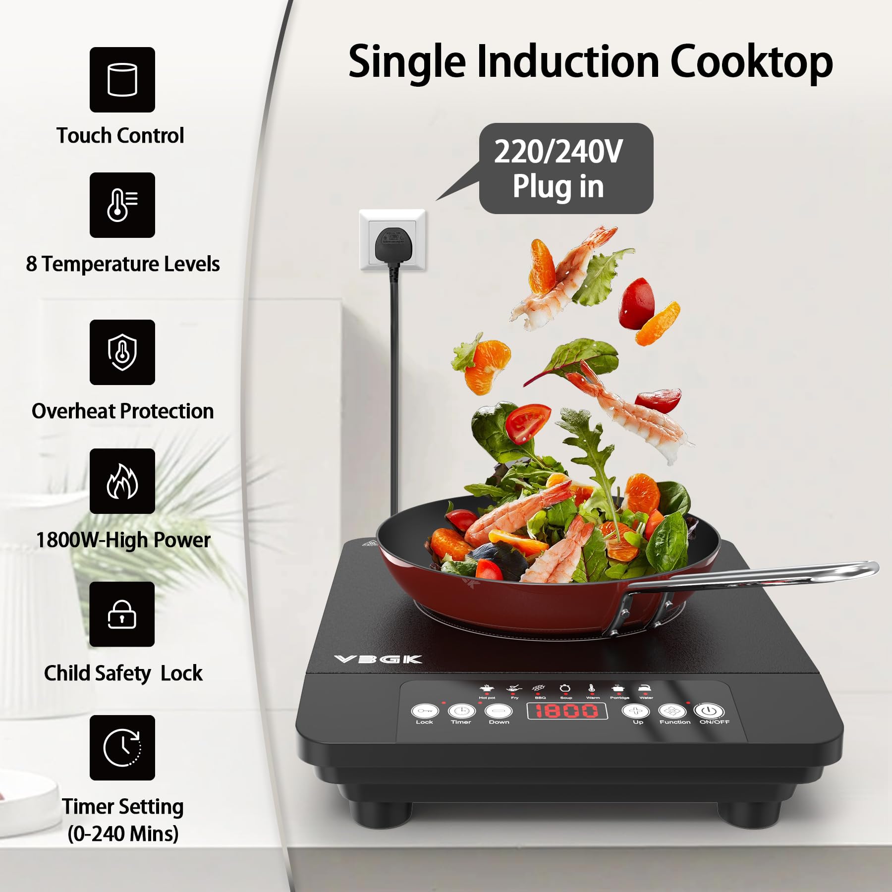 Cocina de inducción de un solo quemador, Cocina de inducción portátil de 1800 W, Placa caliente de 110 V con sensor LCD táctil, 7 niveles de temperatura de hasta 518 °F, bloqueo de seguridad 4