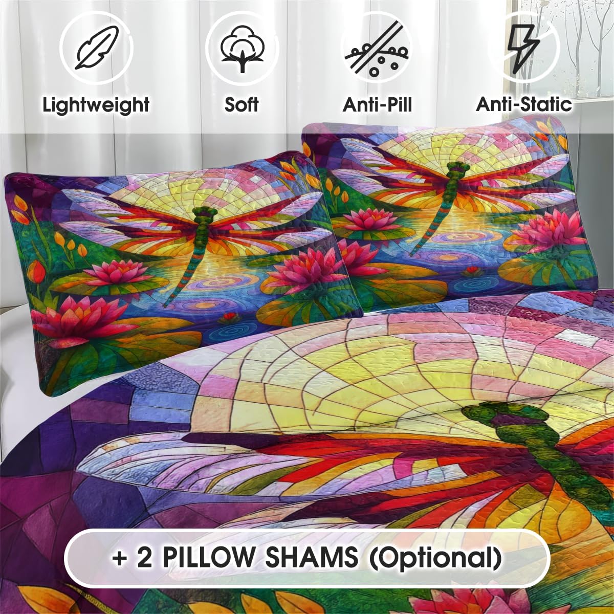 Personalized Dragonfly Patchwork Pattern Quilt Set, Animal Style, Dragonfly Quilt Set Bedspread, Custom Nature Autumn Quilt Bedset, Cotton Bedding for Bedroom Girl Room (Water Lily Dragonfly)